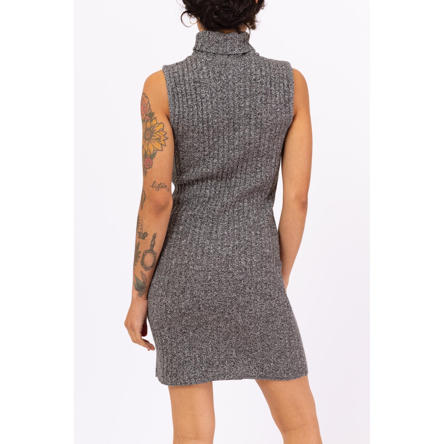 Vintage 90s Grey Ribbed Knit Mini Sweater Dress - Small to Medium | Minimalist Sleeveless Turtleneck Marled Knit Bodycon Dress