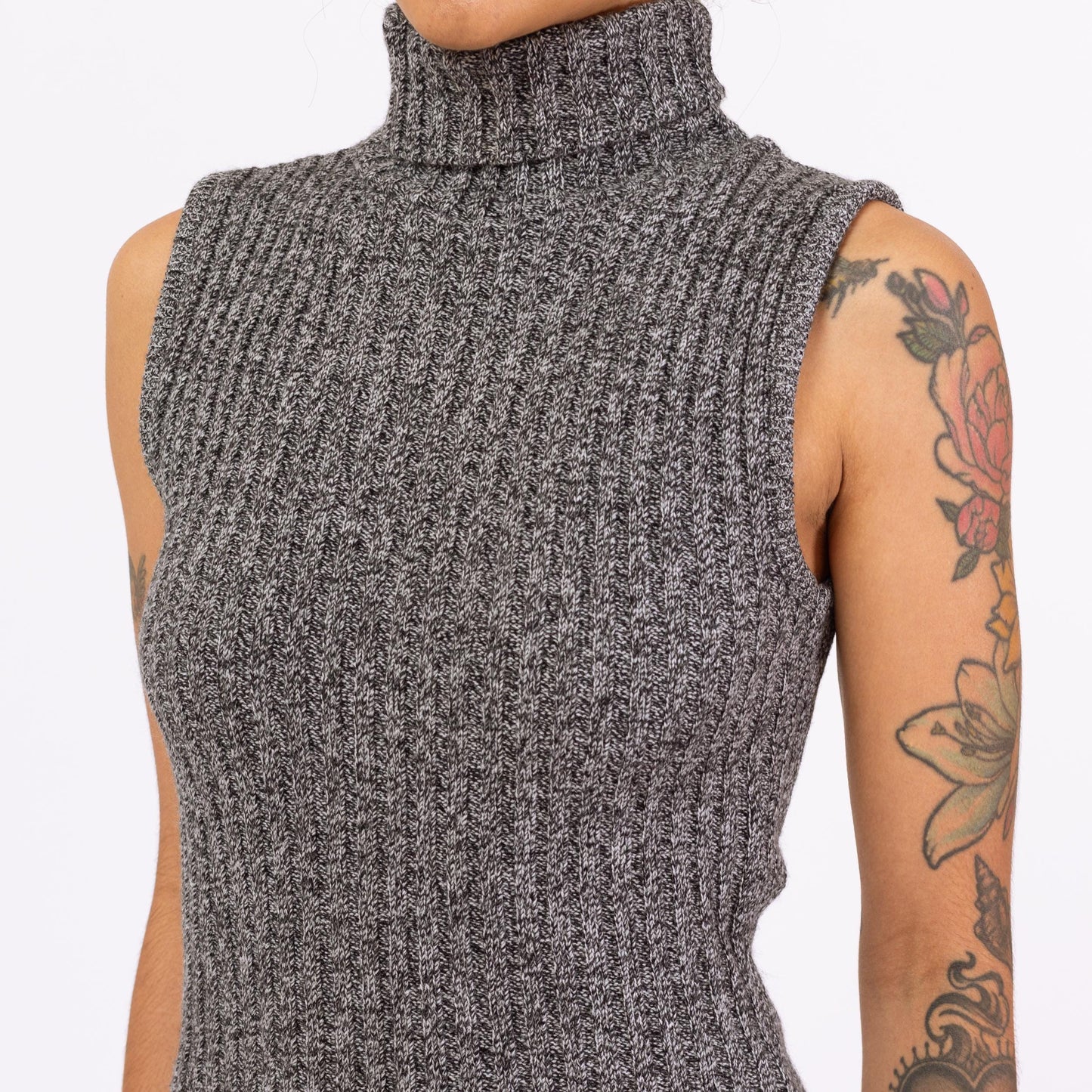 Vintage 90s Grey Ribbed Knit Mini Sweater Dress - Small to Medium | Minimalist Sleeveless Turtleneck Marled Knit Bodycon Dress