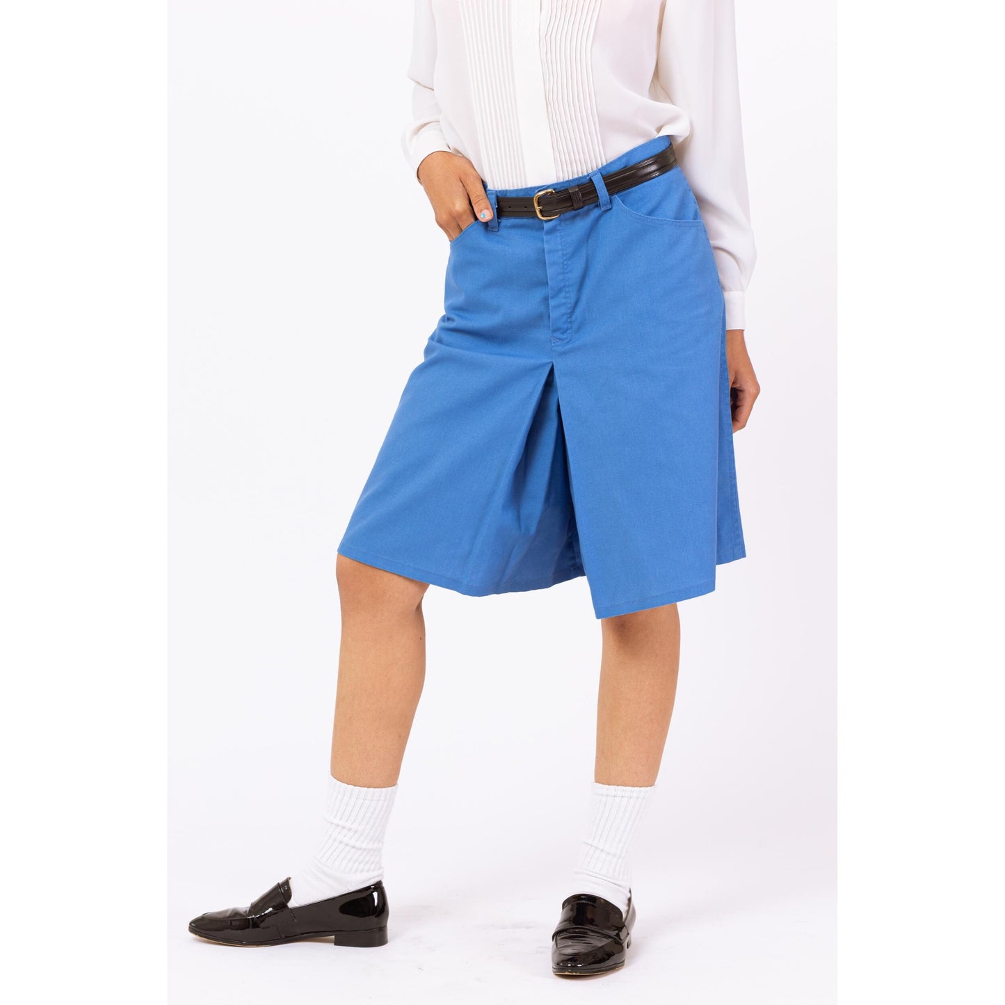 Vintage 70s Blue Preppy Culotte Split Front Shorts - Medium, 29" | High Waisted Wide Leg Skort, Retro Long Shorts