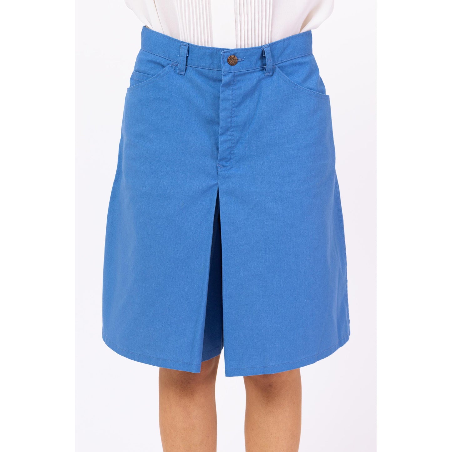 Vintage 70s Blue Preppy Culotte Split Front Shorts - Medium, 29" | High Waisted Wide Leg Skort, Retro Long Shorts