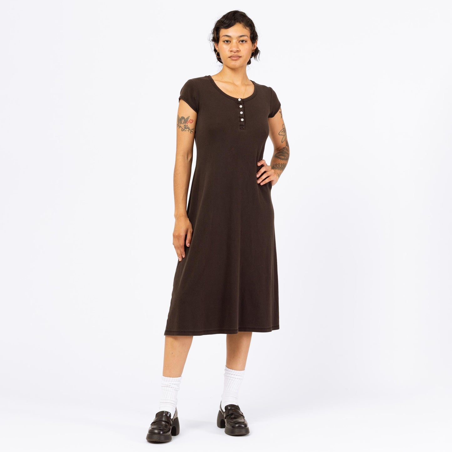 Vintage 90s Black Jersey Midi Dress - Medium | Cap Sleeve Minimalist Grunge Scoop Neck Henley Day Dress