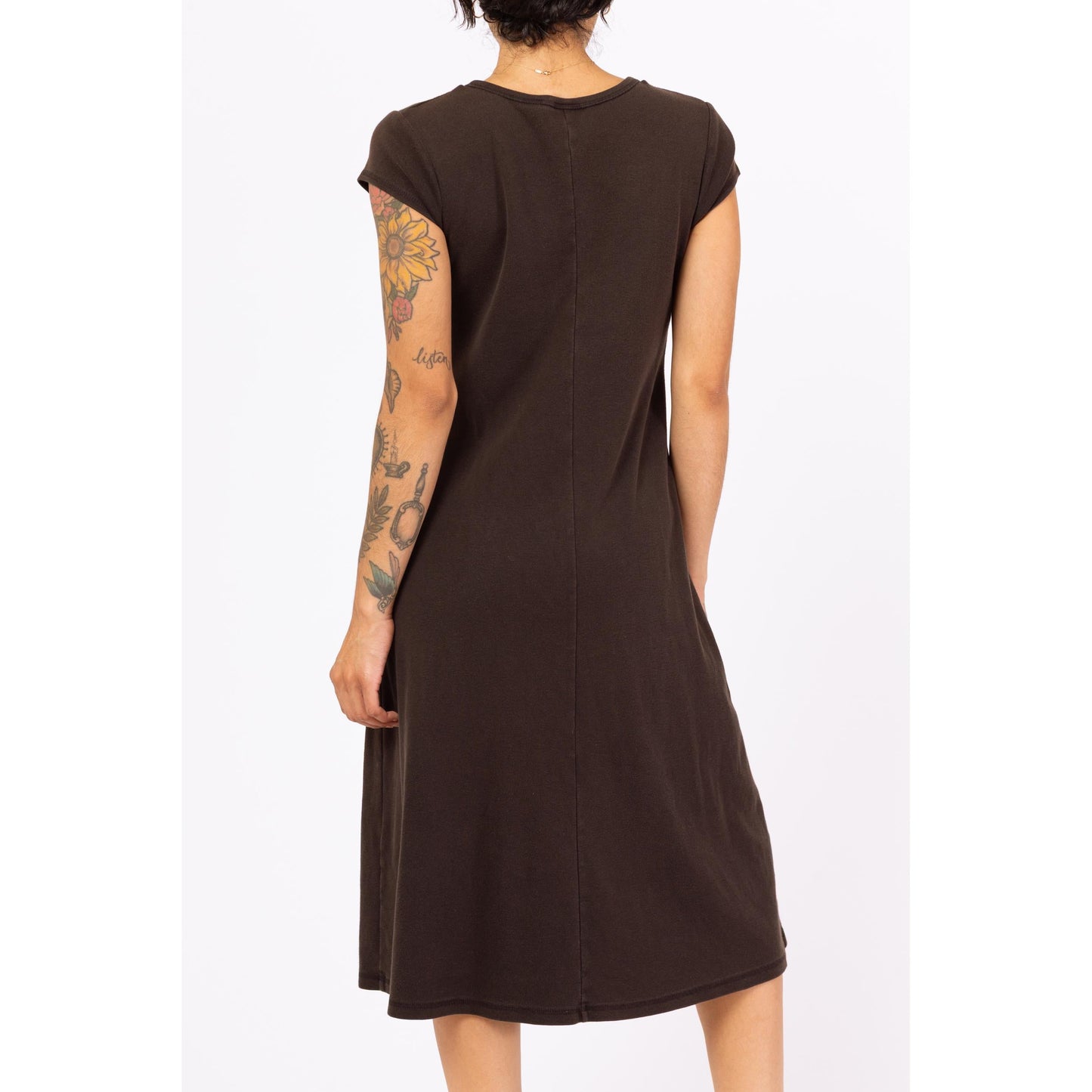 Vintage 90s Black Jersey Midi Dress - Medium | Cap Sleeve Minimalist Grunge Scoop Neck Henley Day Dress