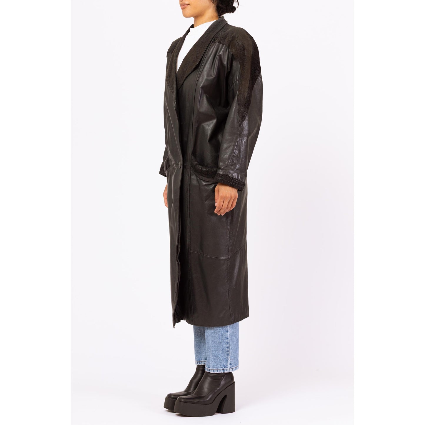 Vintage 80s Black Leather New Wave Duster Jacket - Medium | Embossed Paisley Button Up Winter Overcoat, Gothic Trench Coat