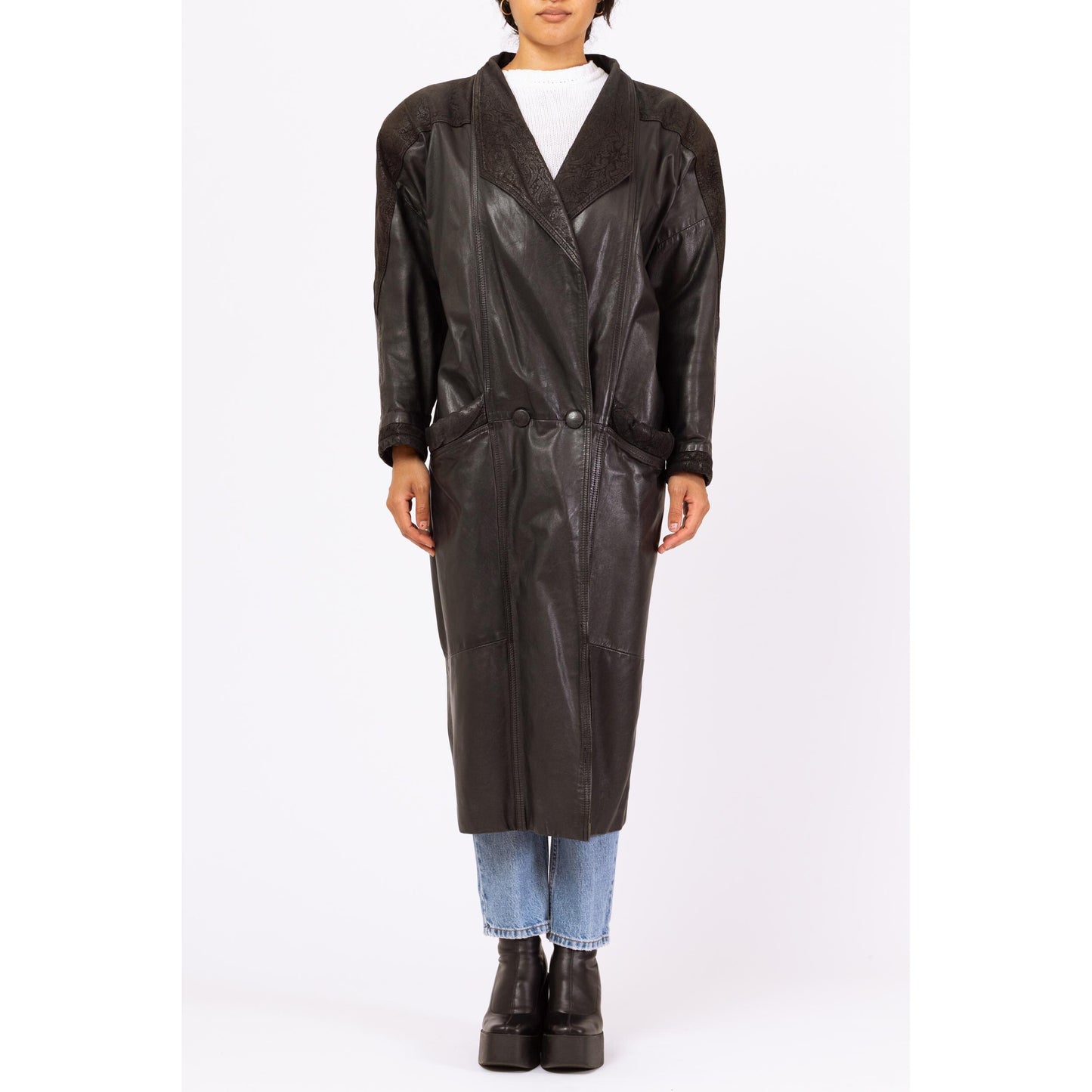 Vintage 80s Black Leather New Wave Duster Jacket - Medium | Embossed Paisley Button Up Winter Overcoat, Gothic Trench Coat