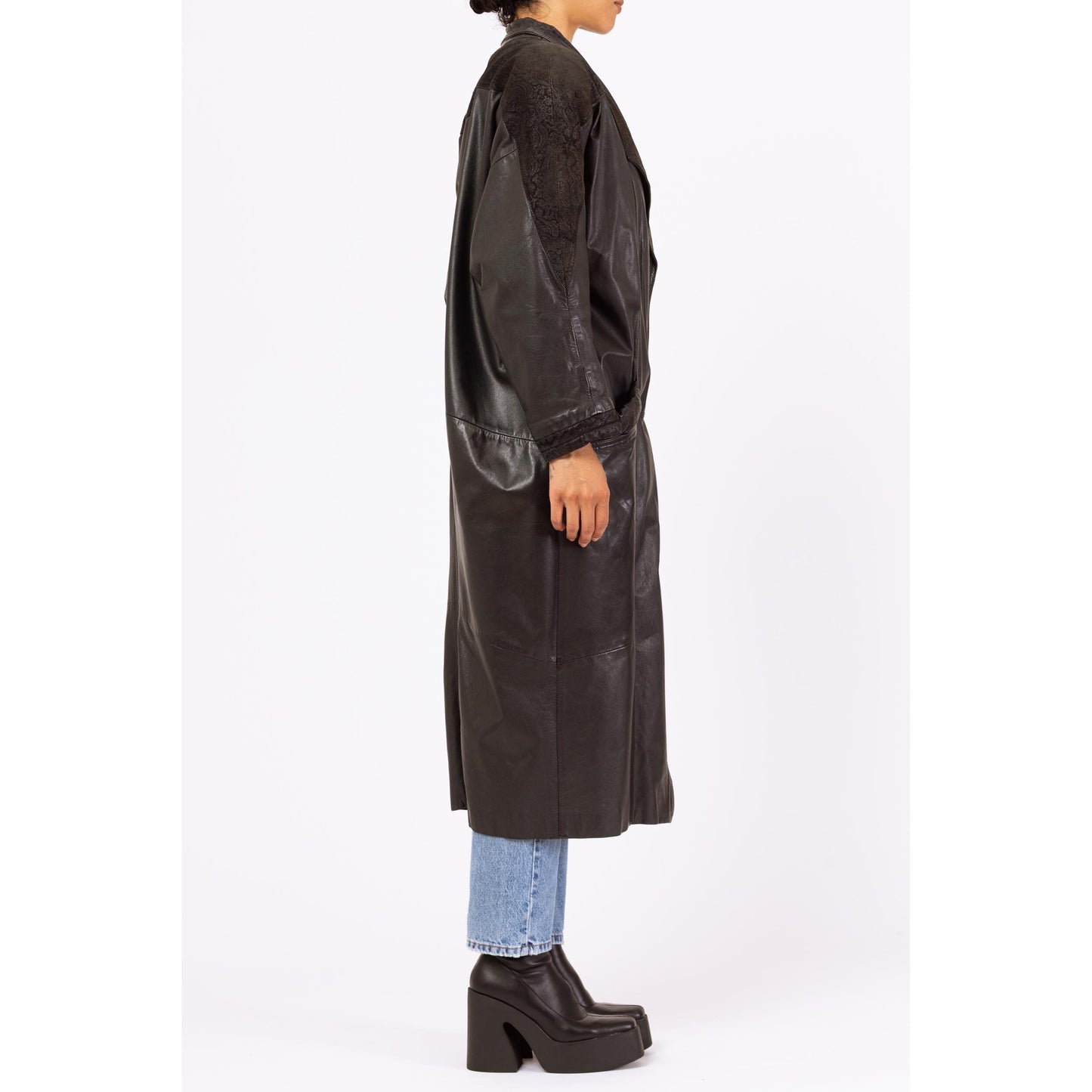 Vintage 80s Black Leather New Wave Duster Jacket - Medium | Embossed Paisley Button Up Winter Overcoat, Gothic Trench Coat