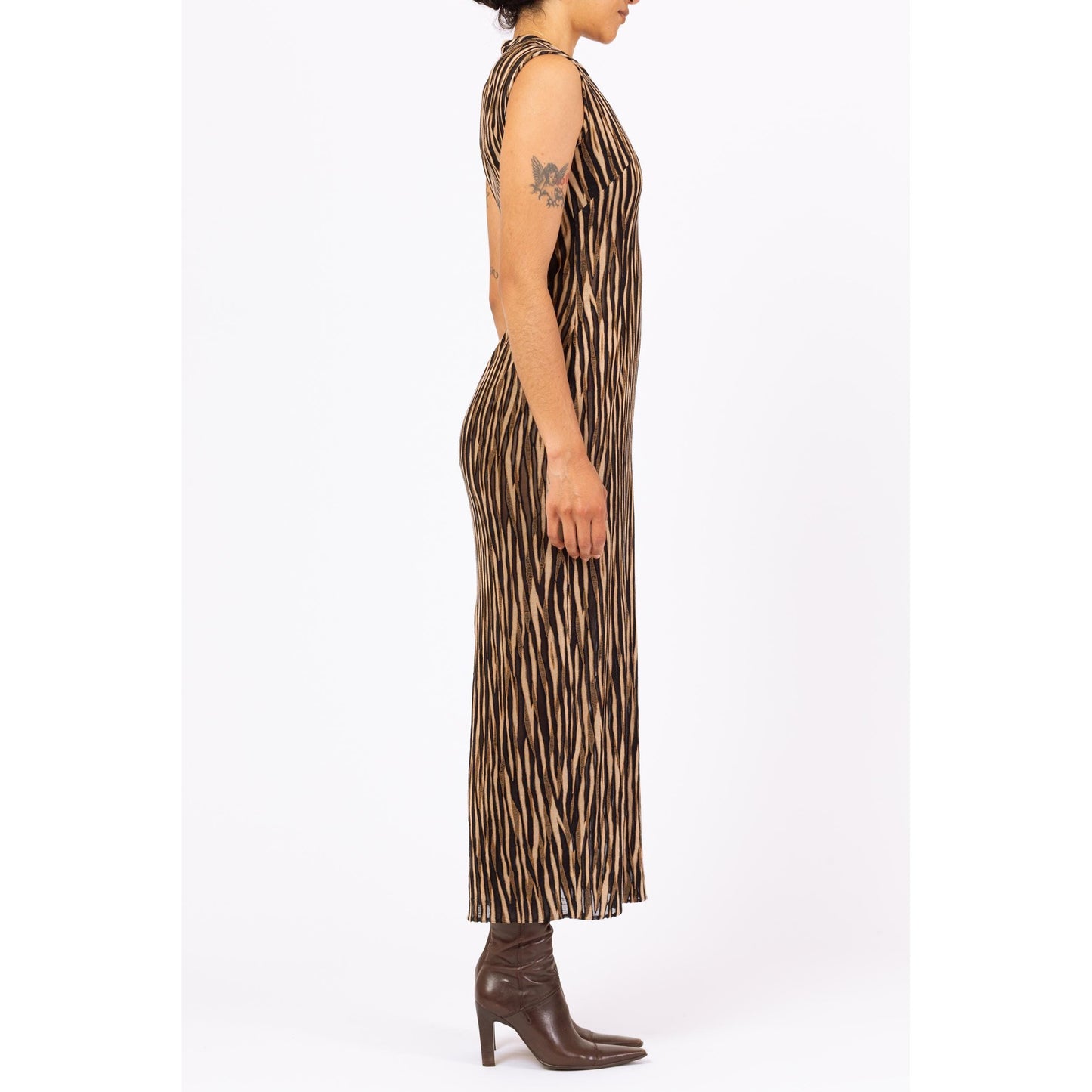 Vintage 90s Zebra Stripe Burnout Maxi Dress - Small | Sheer Brown & Black Mesh Animal Print Party Dress