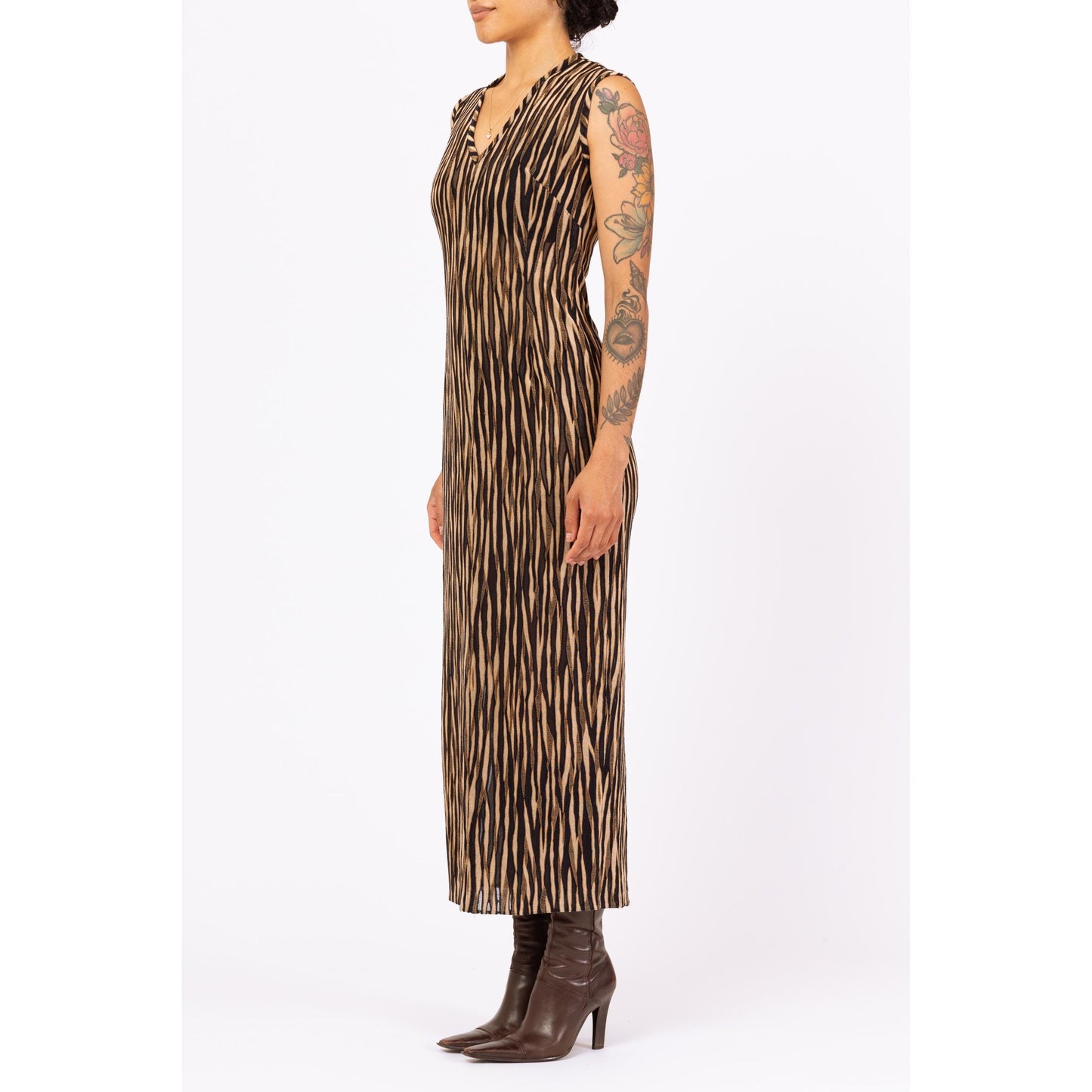 Vintage 90s Zebra Stripe Burnout Maxi Dress - Small | Sheer Brown & Black Mesh Animal Print Party Dress