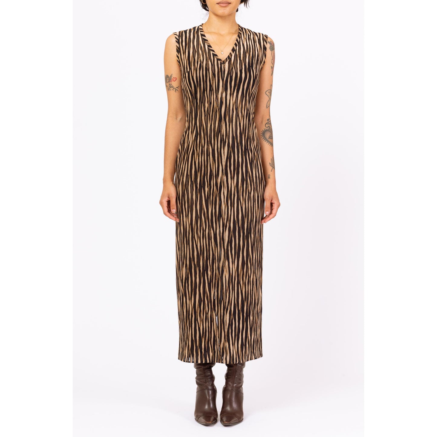 Vintage 90s Zebra Stripe Burnout Maxi Dress - Small | Sheer Brown & Black Mesh Animal Print Party Dress