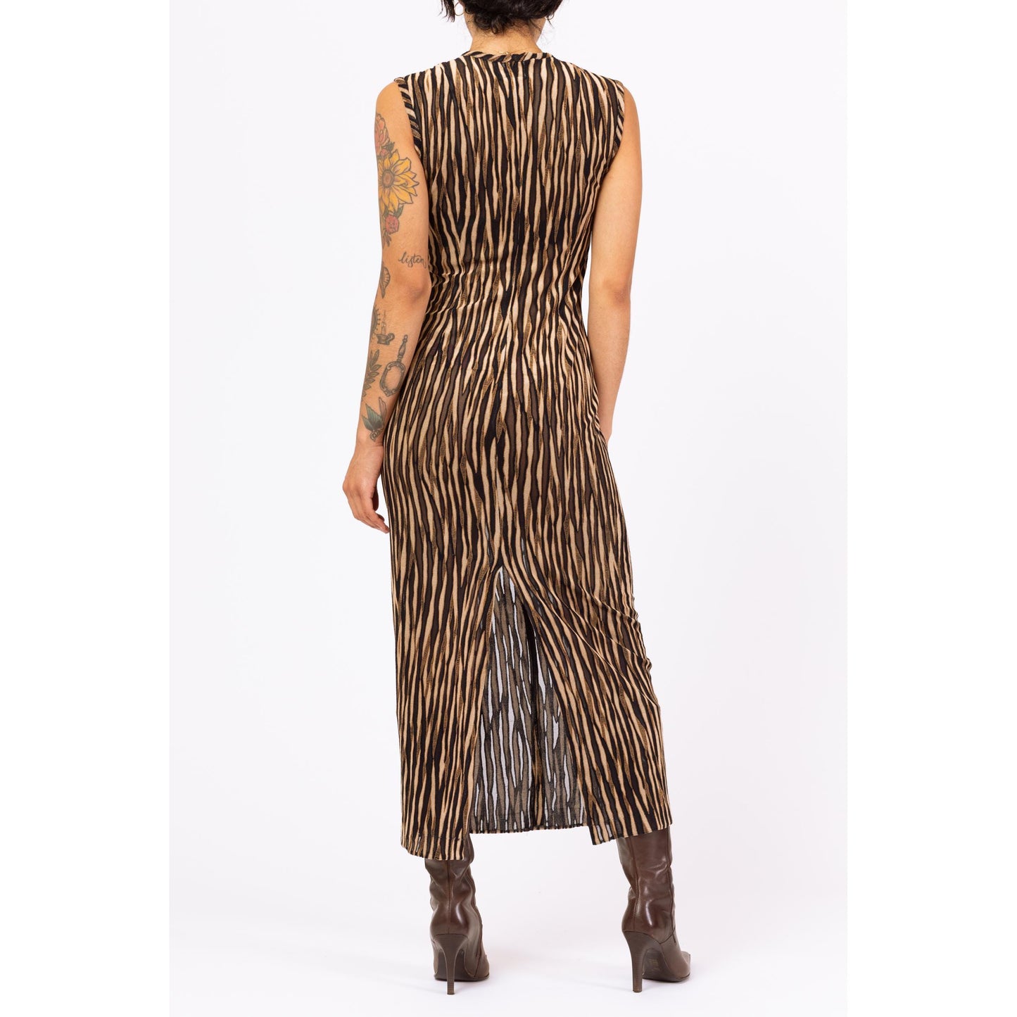 Vintage 90s Zebra Stripe Burnout Maxi Dress - Small | Sheer Brown & Black Mesh Animal Print Party Dress