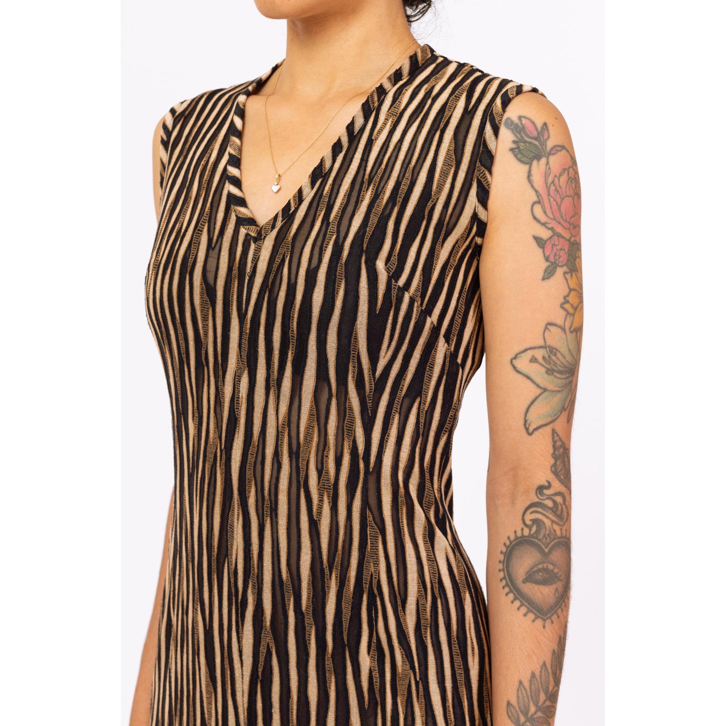 Vintage 90s Zebra Stripe Burnout Maxi Dress - Small | Sheer Brown & Black Mesh Animal Print Party Dress