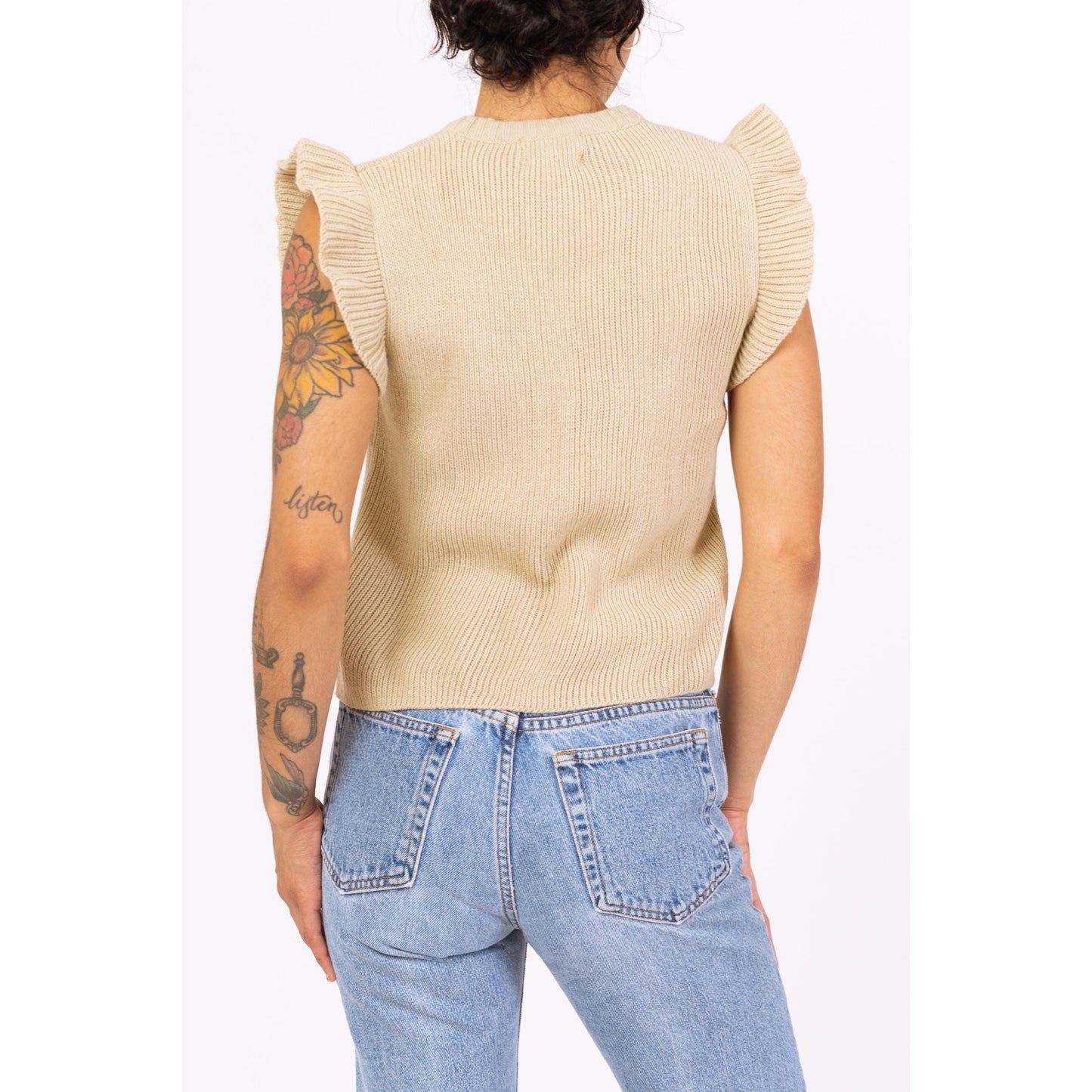 Vintage 70s Beige Knit Flutter Sleeve Top - Extra Small | Boho Vintage Ribbed Button Up Sweater Shirt