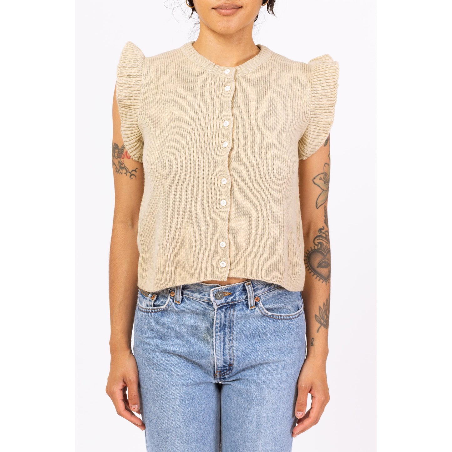 Vintage 70s Beige Knit Flutter Sleeve Top - Extra Small | Boho Vintage Ribbed Button Up Sweater Shirt