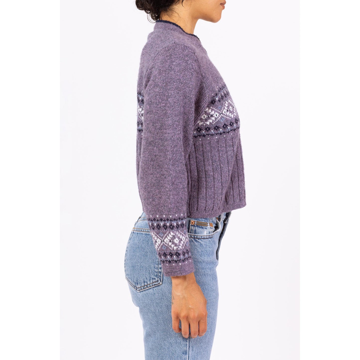 Vintage 90s Purple Fair Isle Cropped Sweater - Medium | Grunge V Neck Pullover, Slouchy Boxy Fit Jumper