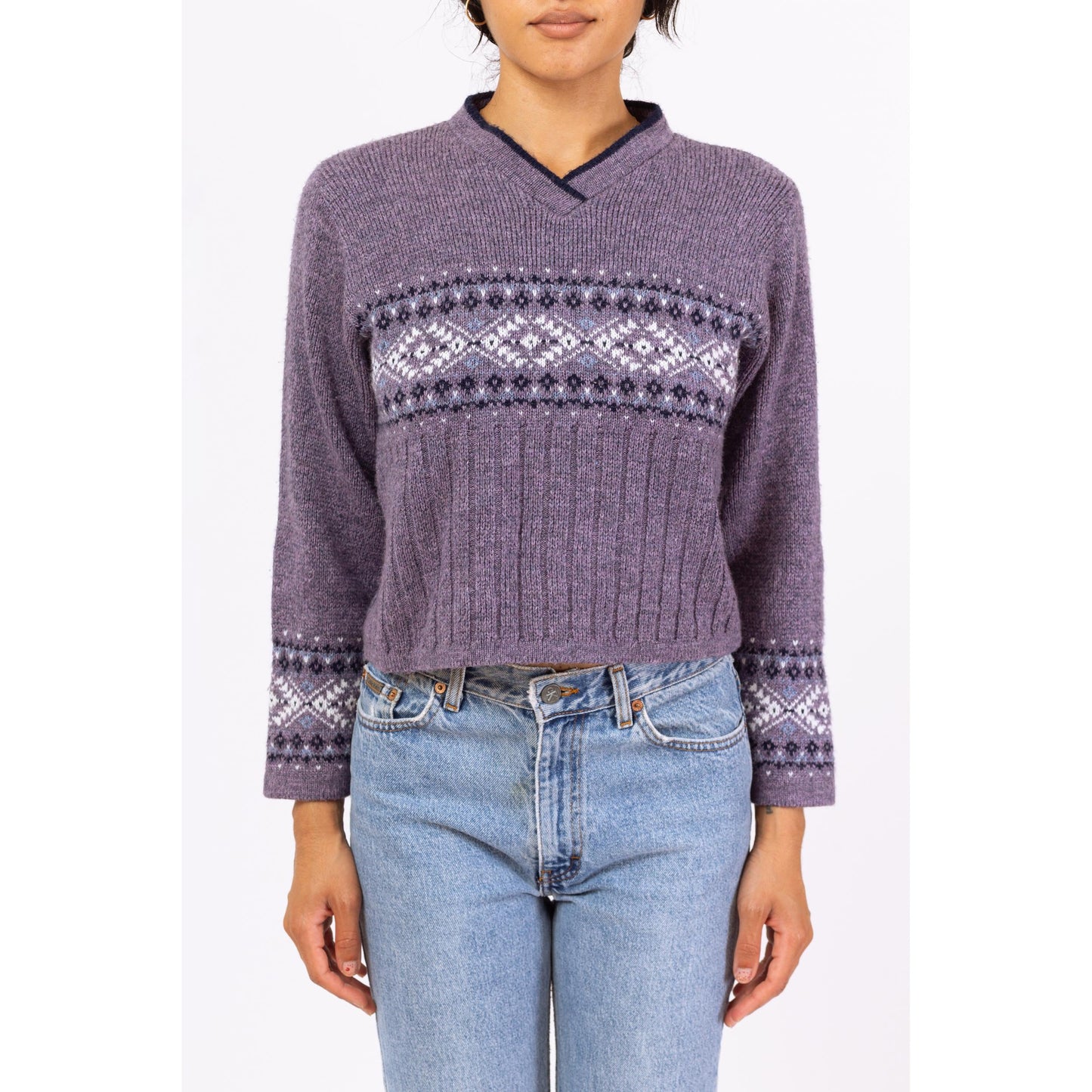 Vintage 90s Purple Fair Isle Cropped Sweater - Medium | Grunge V Neck Pullover, Slouchy Boxy Fit Jumper