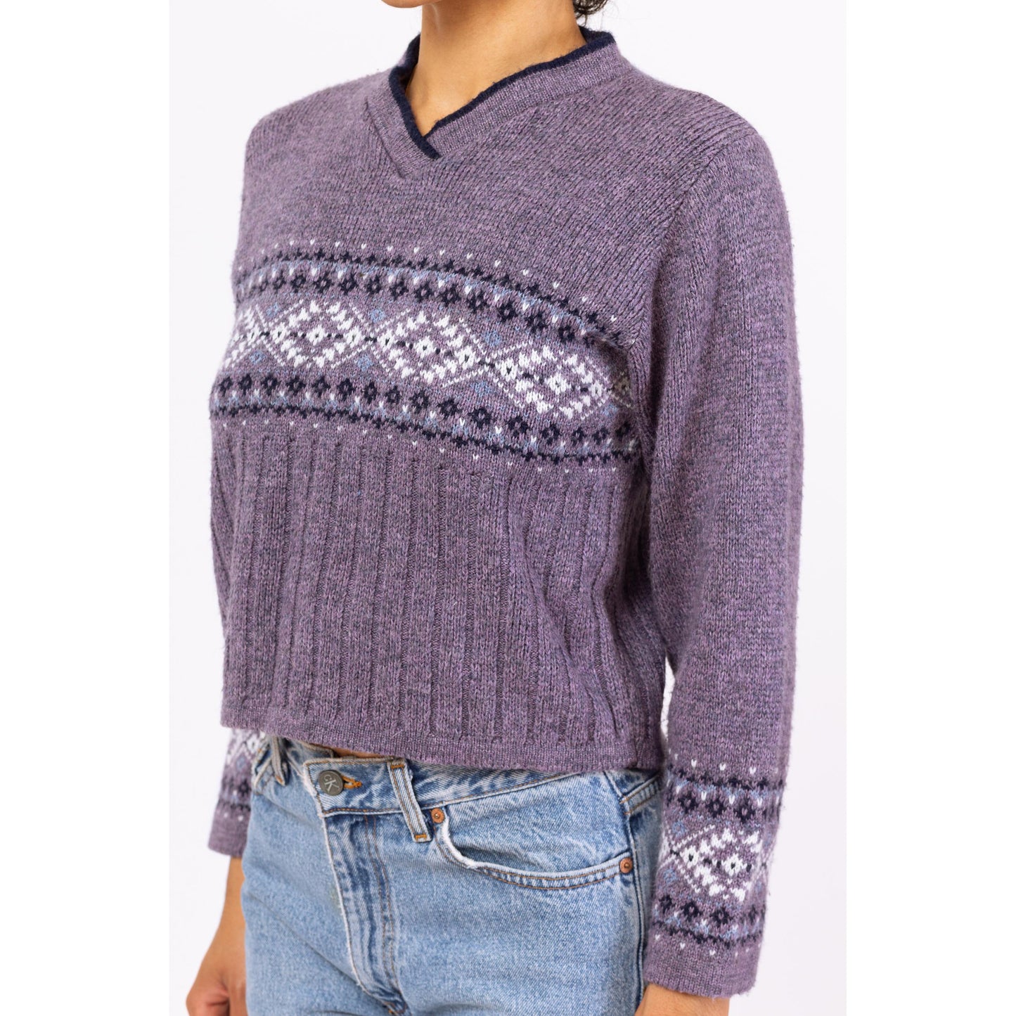 Vintage 90s Purple Fair Isle Cropped Sweater - Medium | Grunge V Neck Pullover, Slouchy Boxy Fit Jumper