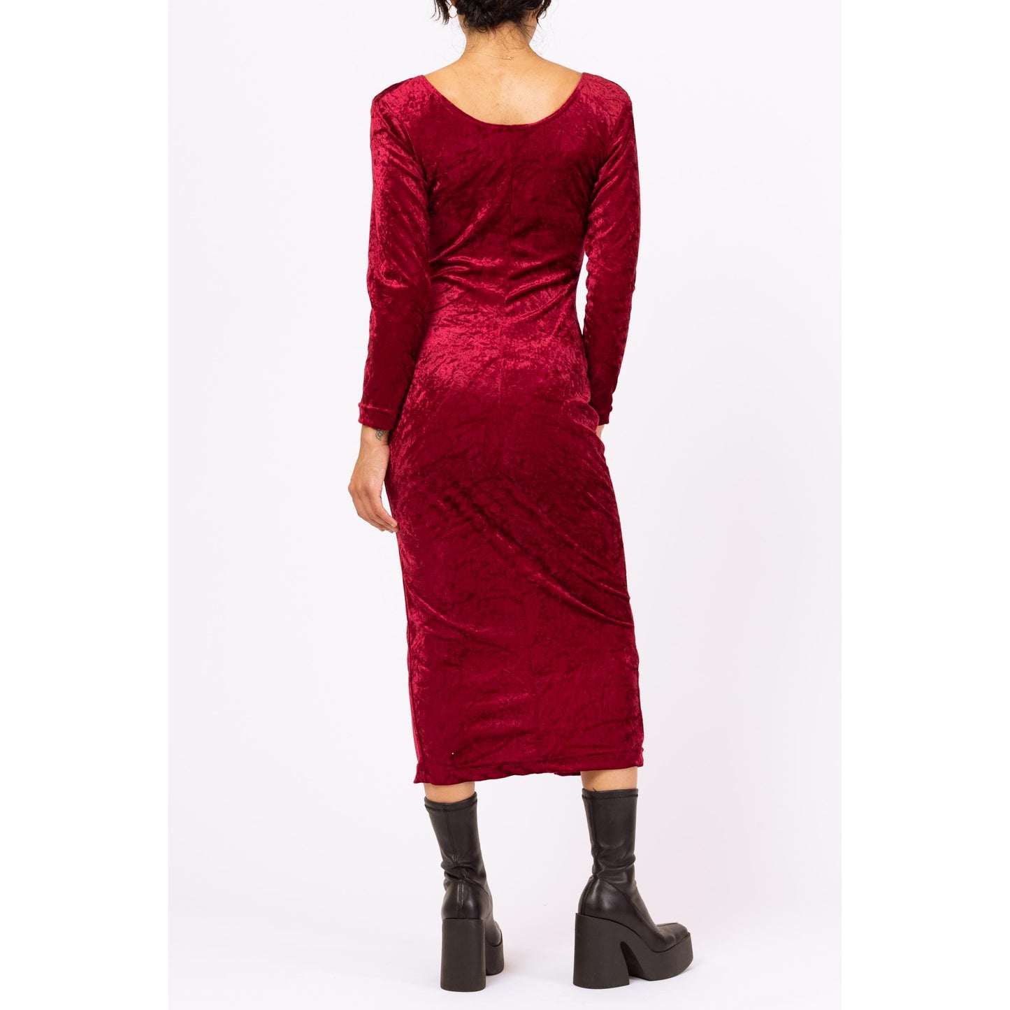 Vintage 90s Wine Red Crushed Velvet Midi Dress - Small | Long Sleeve Bodycon Party Dress, Grunge Button Front Dress