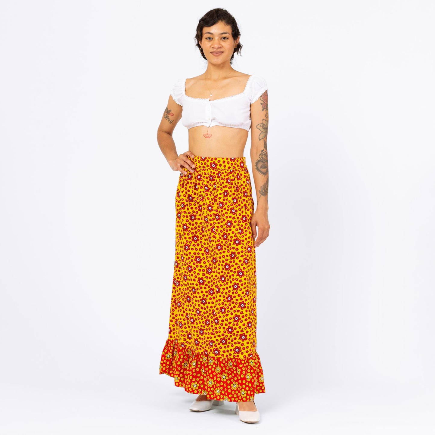 Vintage 70s Boho Flower Power Maxi Skirt - Small, 26" Waist | Yellow & Red Floral Long Summer Skirt, High Waist Cottagecore Skirt