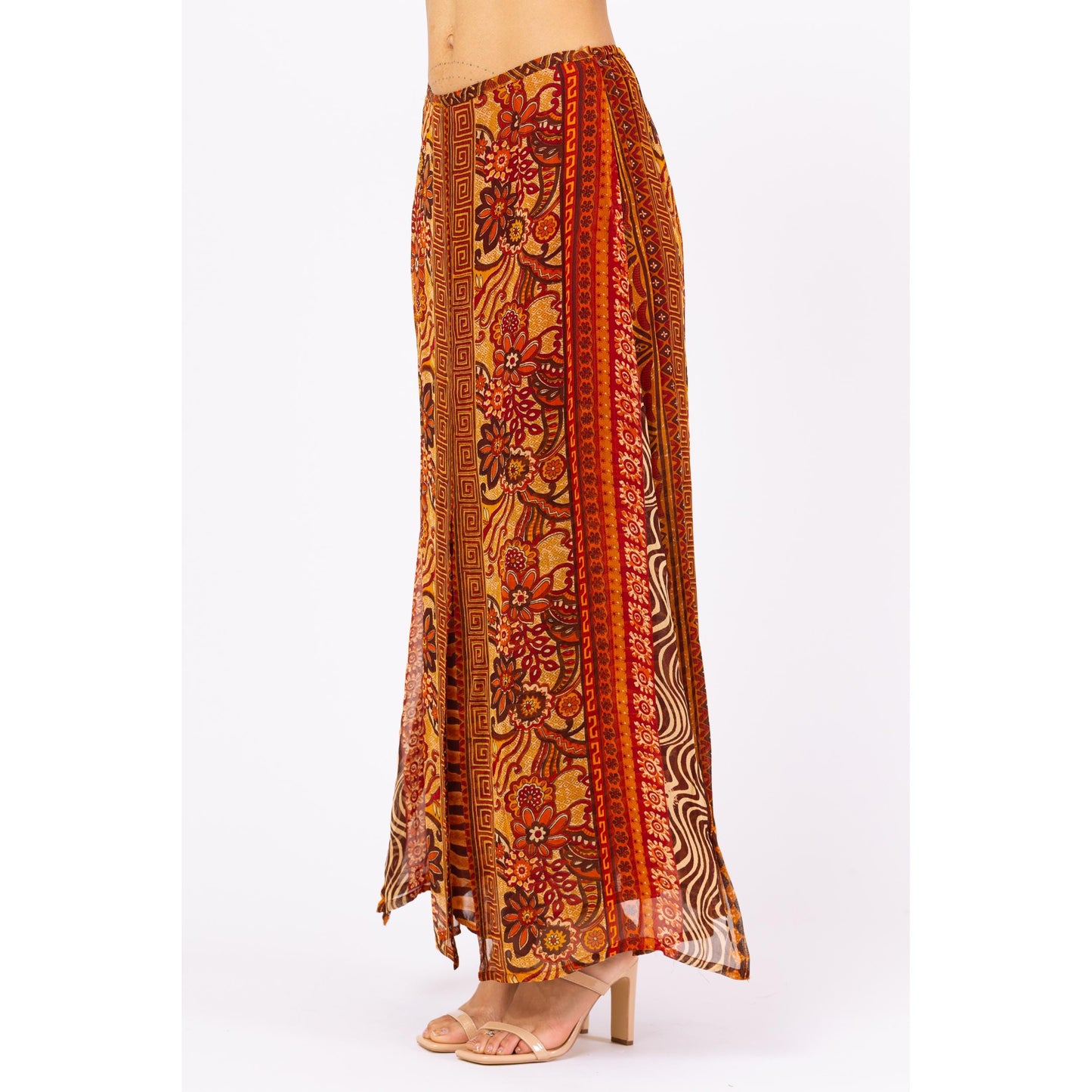 Vintage 90s René Derhy Earth Tone Floral Layered Maxi Skirt - Medium | Boho A Line Red & Yellow Split Panel Long Summer Skirt