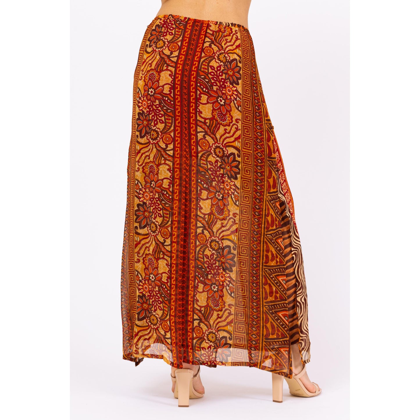 Vintage 90s René Derhy Earth Tone Floral Layered Maxi Skirt - Medium | Boho A Line Red & Yellow Split Panel Long Summer Skirt