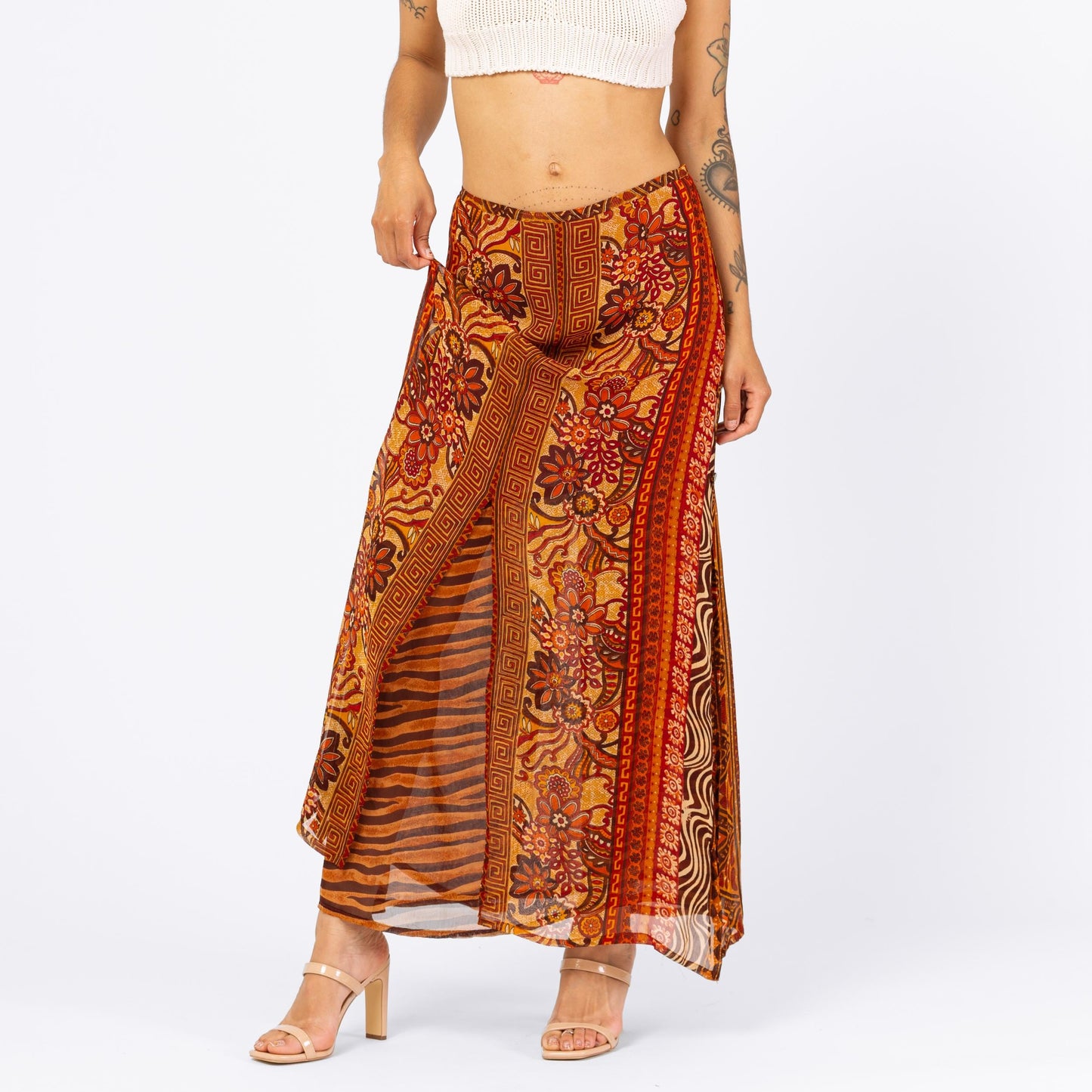 Vintage 90s René Derhy Earth Tone Floral Layered Maxi Skirt - Medium | Boho A Line Red & Yellow Split Panel Long Summer Skirt