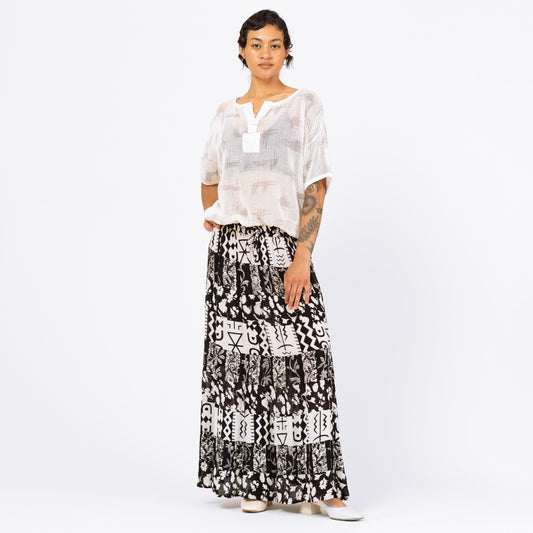 Vintage 90s Black & White Abstract Print Boho Broomstick Skirt - Medium | Floral Gauzy Rayon Hippie Skirt, Long Flowy Summer Skirt