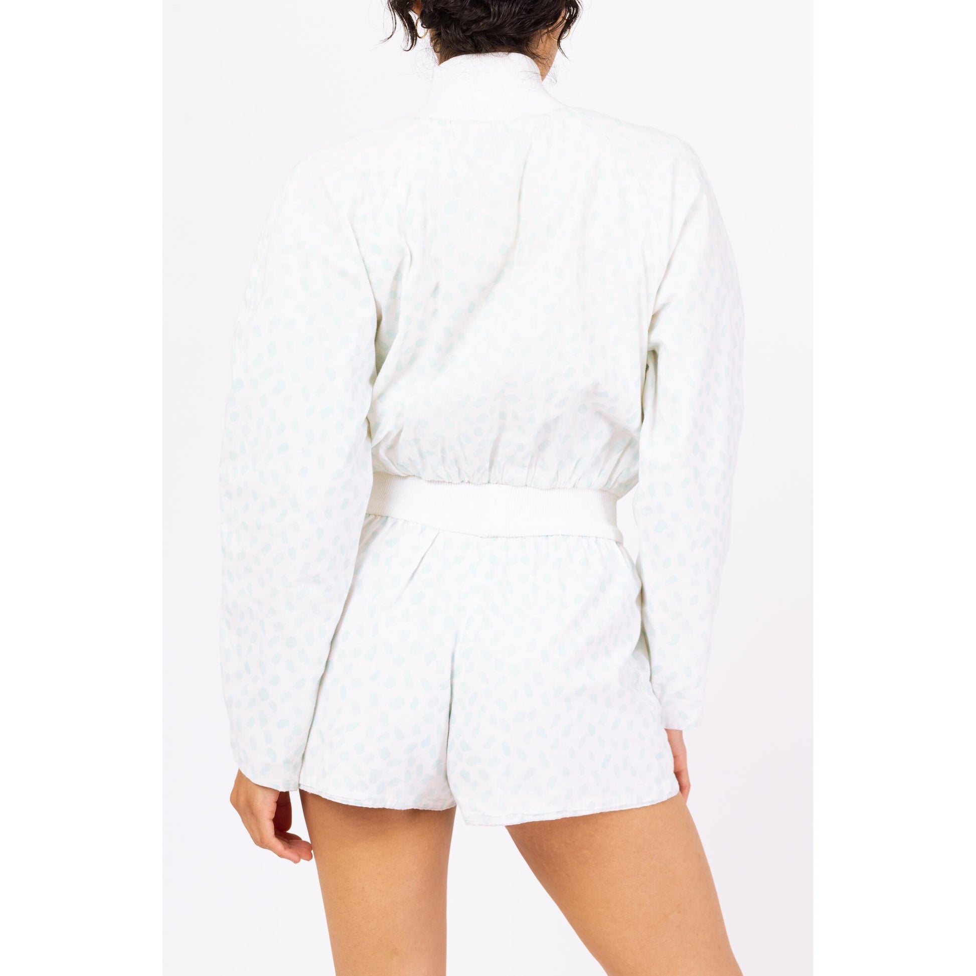 Vintage 80s Blue & White Polka Dot Romper - Small | Pastel Long Sleeve Fitted Waist Short Jumpsuit