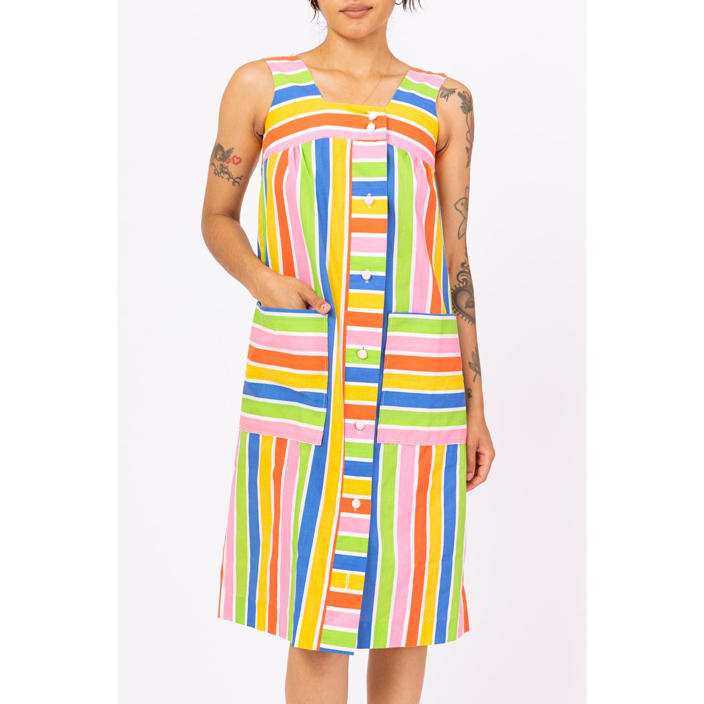 Vintage 60s Rainbow Striped Midi House Dress - Petite XS | Retro Sleeveless A-Line Tank Loungewear Dress, Button Up Pocket Sundress