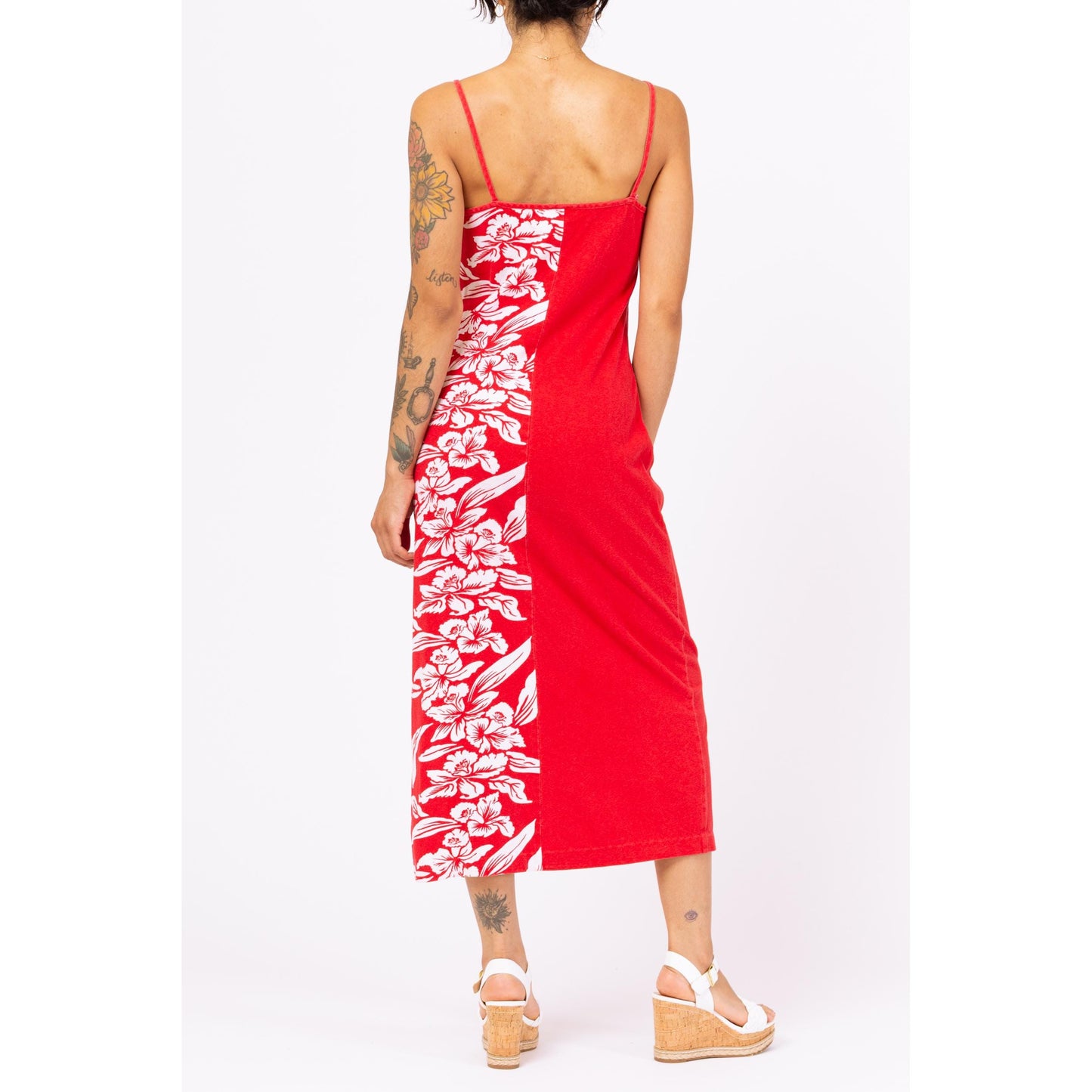 Vintage 90s Red & White Tropical Floral Maxi Dress - Small | Boho Beach Vacation Long Summer Dress, Spaghetti Strap Hawaiian Sundress