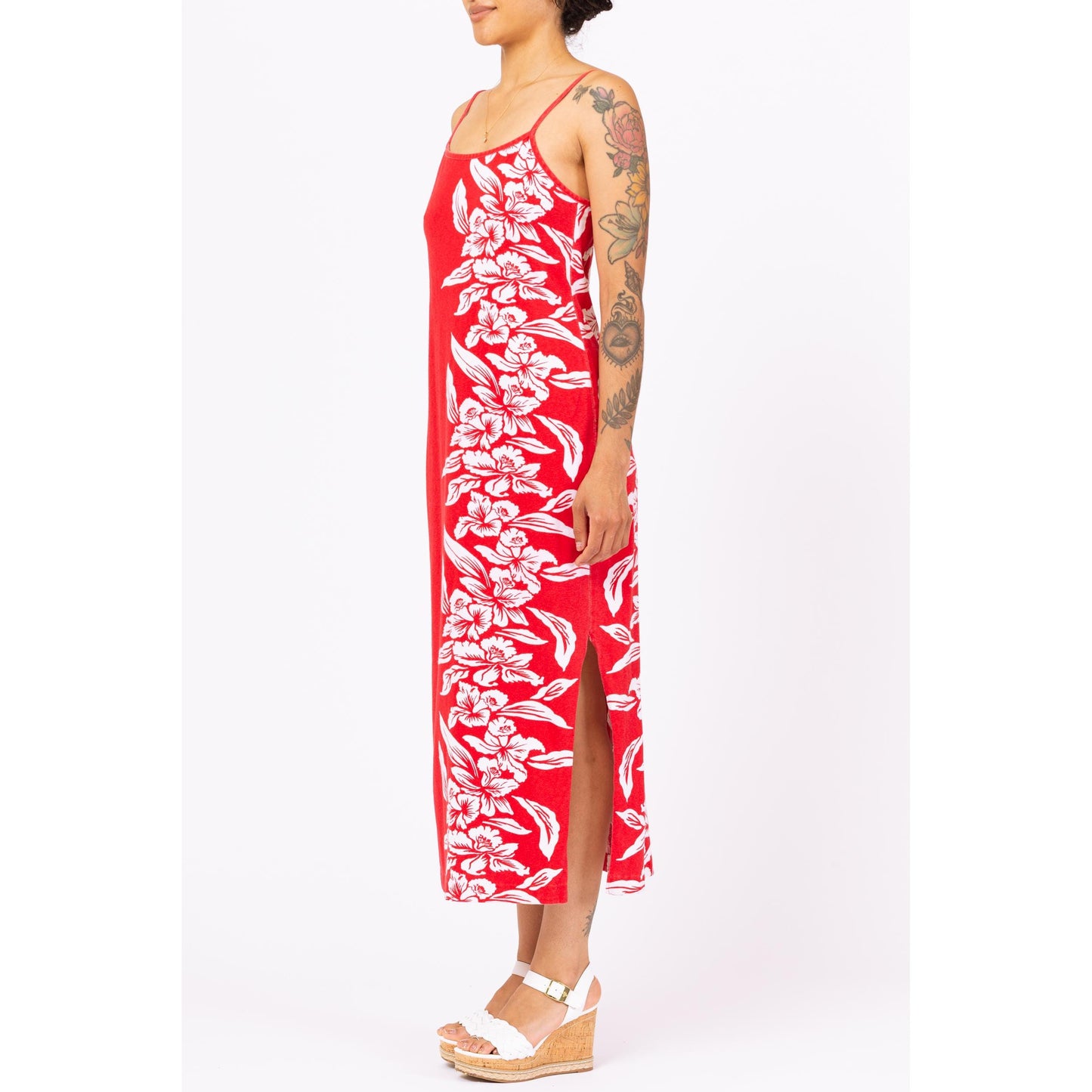 Vintage 90s Red & White Tropical Floral Maxi Dress - Small | Boho Beach Vacation Long Summer Dress, Spaghetti Strap Hawaiian Sundress
