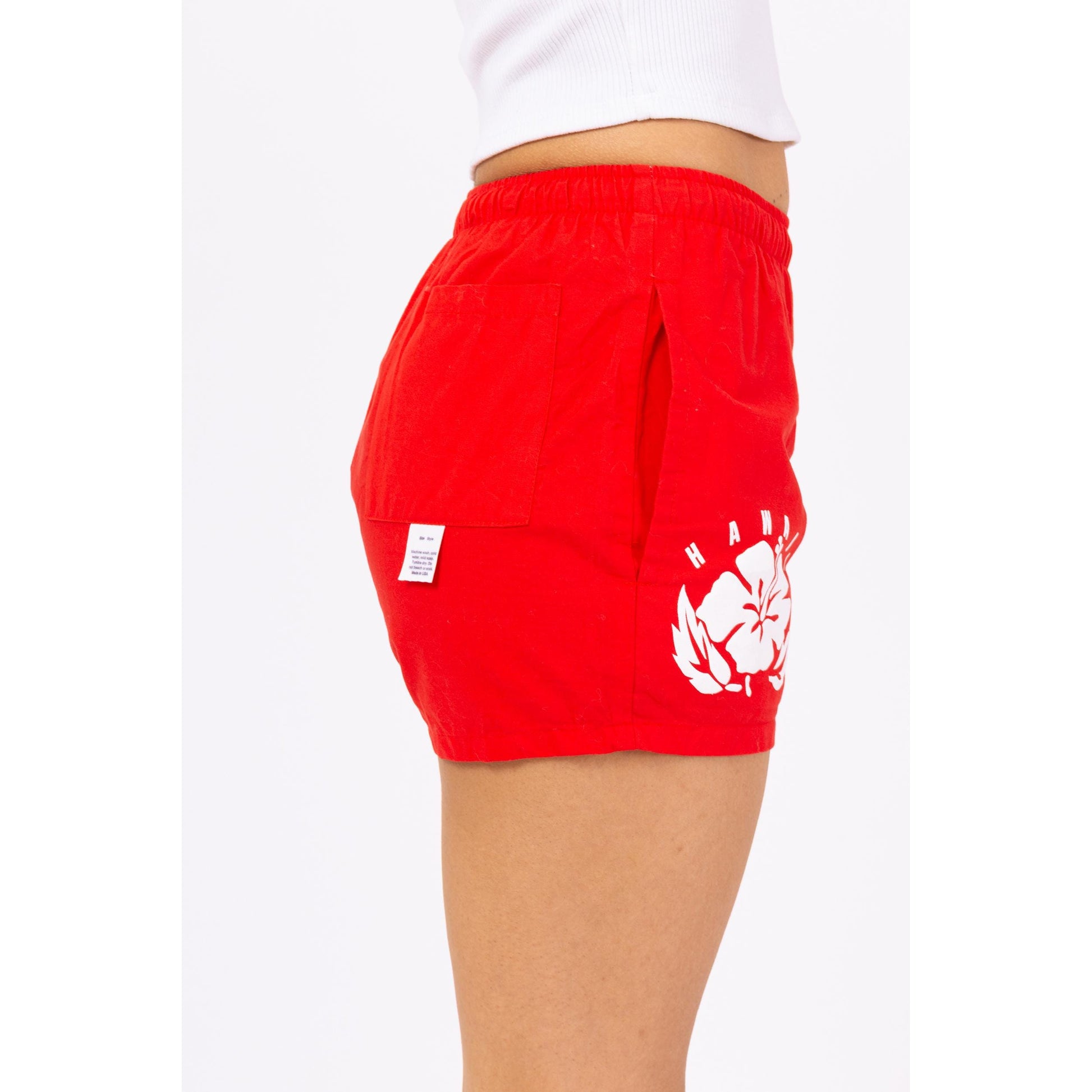 Vintage 90s Hawaiian Red Floral Surf Shorts - XS to Petite Small | Mid Rise Women's Swim Shorts, Hibiscus Flower Print Mini Board Shorts