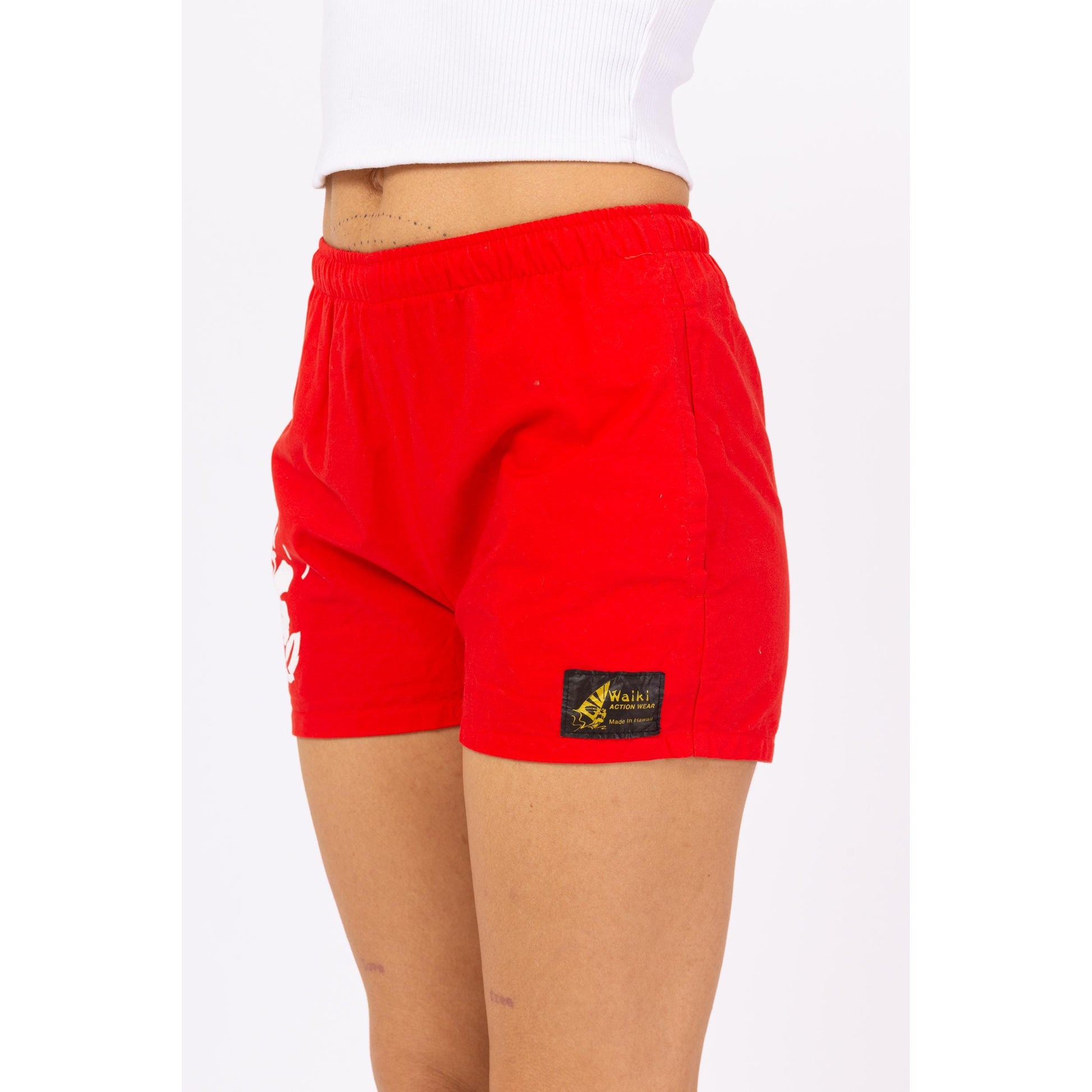 Vintage 90s Hawaiian Red Floral Surf Shorts - XS to Petite Small | Mid Rise Women's Swim Shorts, Hibiscus Flower Print Mini Board Shorts