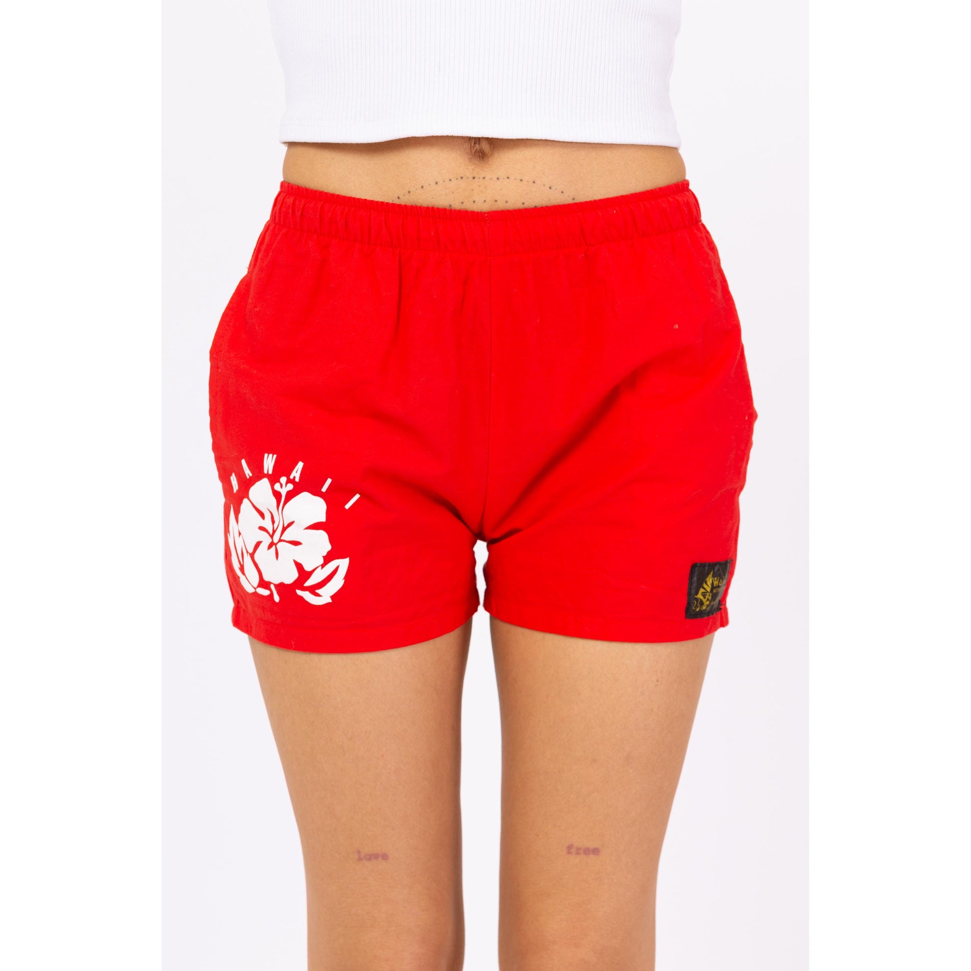 Vintage 90s Hawaiian Red Floral Surf Shorts - XS to Petite Small | Mid Rise Women's Swim Shorts, Hibiscus Flower Print Mini Board Shorts