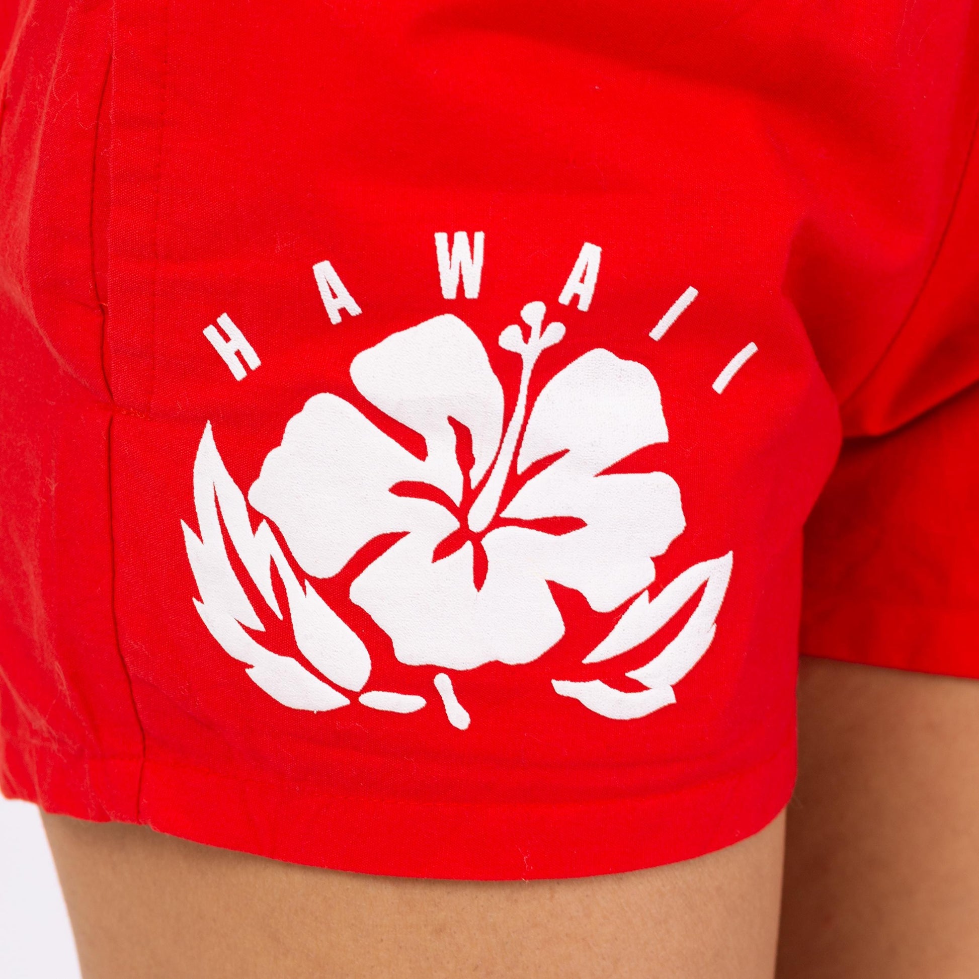 Vintage 90s Hawaiian Red Floral Surf Shorts - XS to Petite Small | Mid Rise Women's Swim Shorts, Hibiscus Flower Print Mini Board Shorts