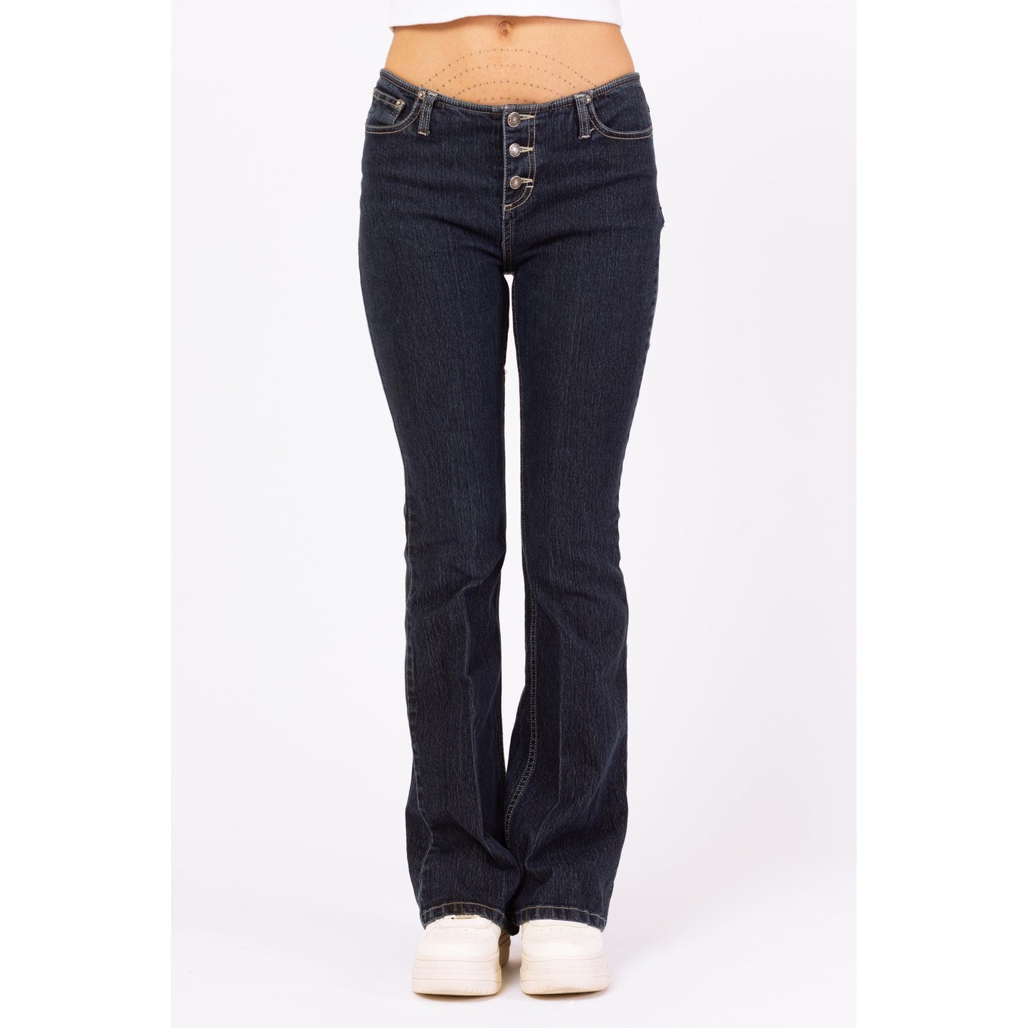 Vintage Y2K Low Rise Dark Wash Flared Jeans - Extra Small | 90s 2000s Jordache Exposed Button Fly Denim Bootcut Flares