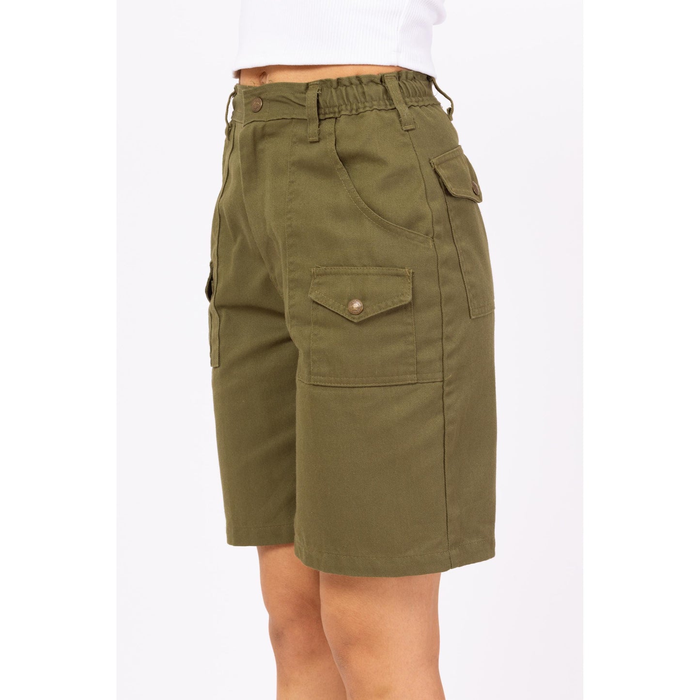 Vintage 80s Boy Scout Uniform Cargo Shorts - XS to Small, 23"-26" Waist | Olive Green High Waisted Utility Long Inseam Bermuda Shorts