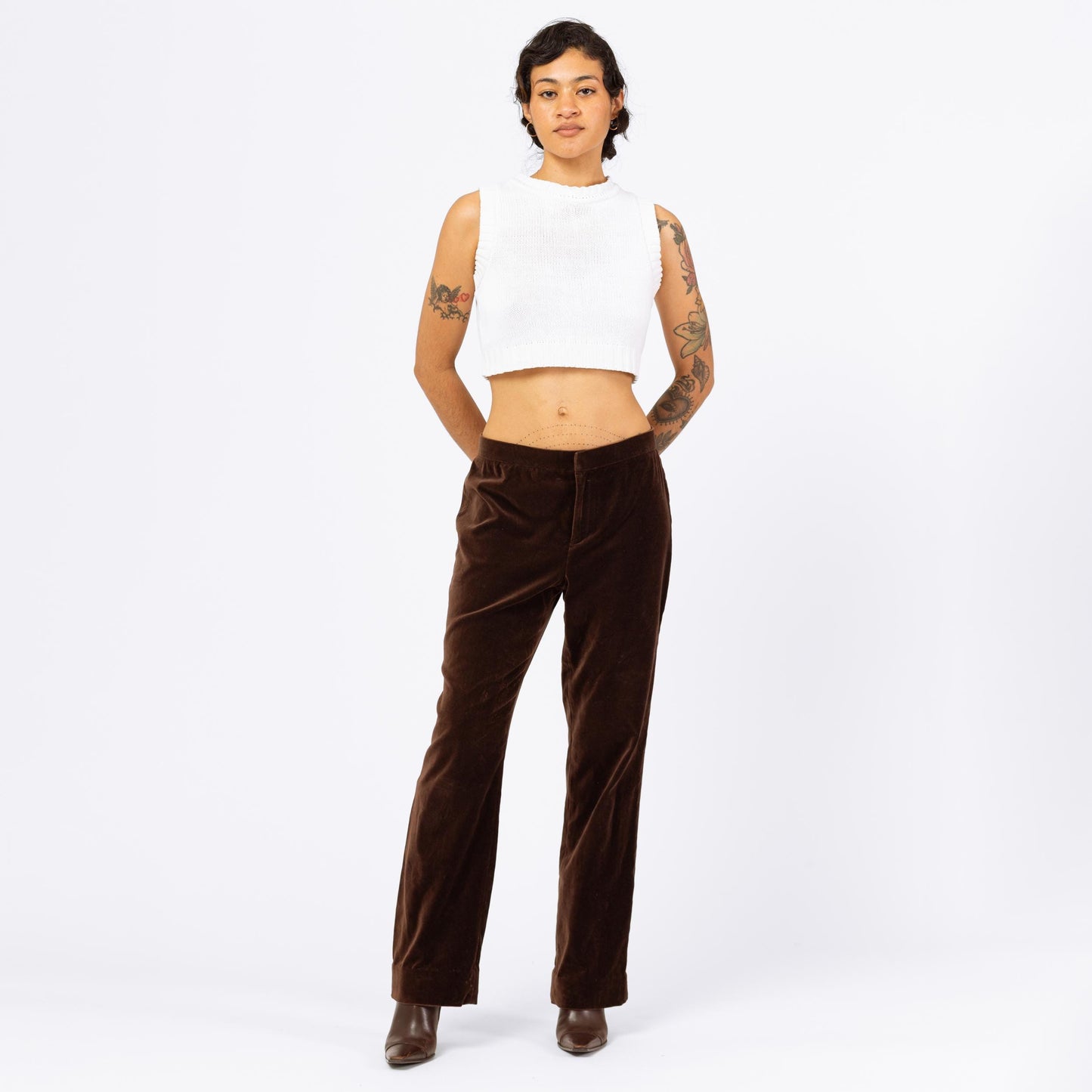 Vintage Y2K Ralph Lauren Brown Velvet Pants - Small, Size 6 | Minimalist Mid Rise Straight Leg Trousers