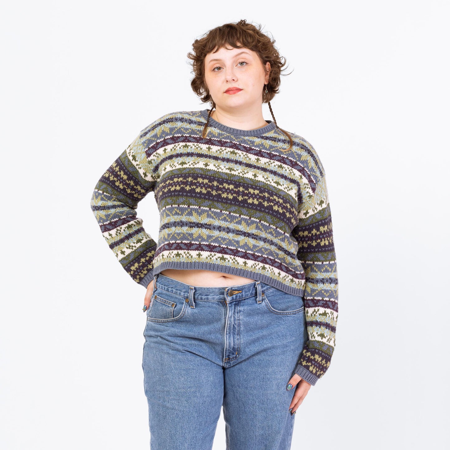 Vintage 90s Eddie Bauer Fair Isle Cropped Sweater - Large | Soft Cotton Knit Grunge Pullover, Slouchy Boxy Fit Jumper