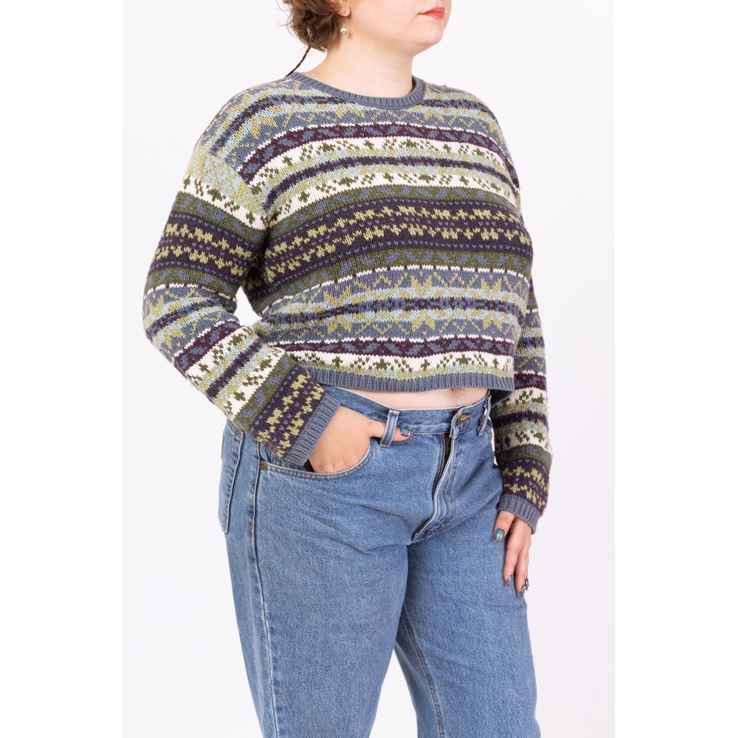 Vintage 90s Eddie Bauer Fair Isle Cropped Sweater - Large | Soft Cotton Knit Grunge Pullover, Slouchy Boxy Fit Jumper