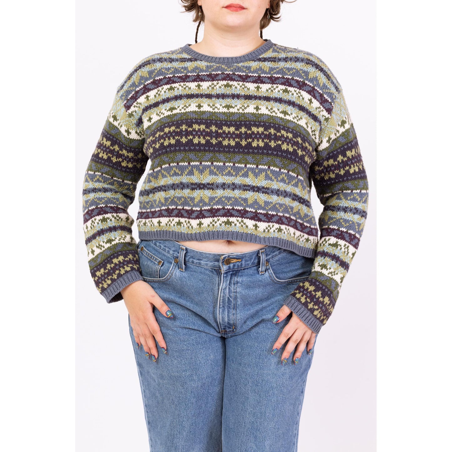 Vintage 90s Eddie Bauer Fair Isle Cropped Sweater - Large | Soft Cotton Knit Grunge Pullover, Slouchy Boxy Fit Jumper