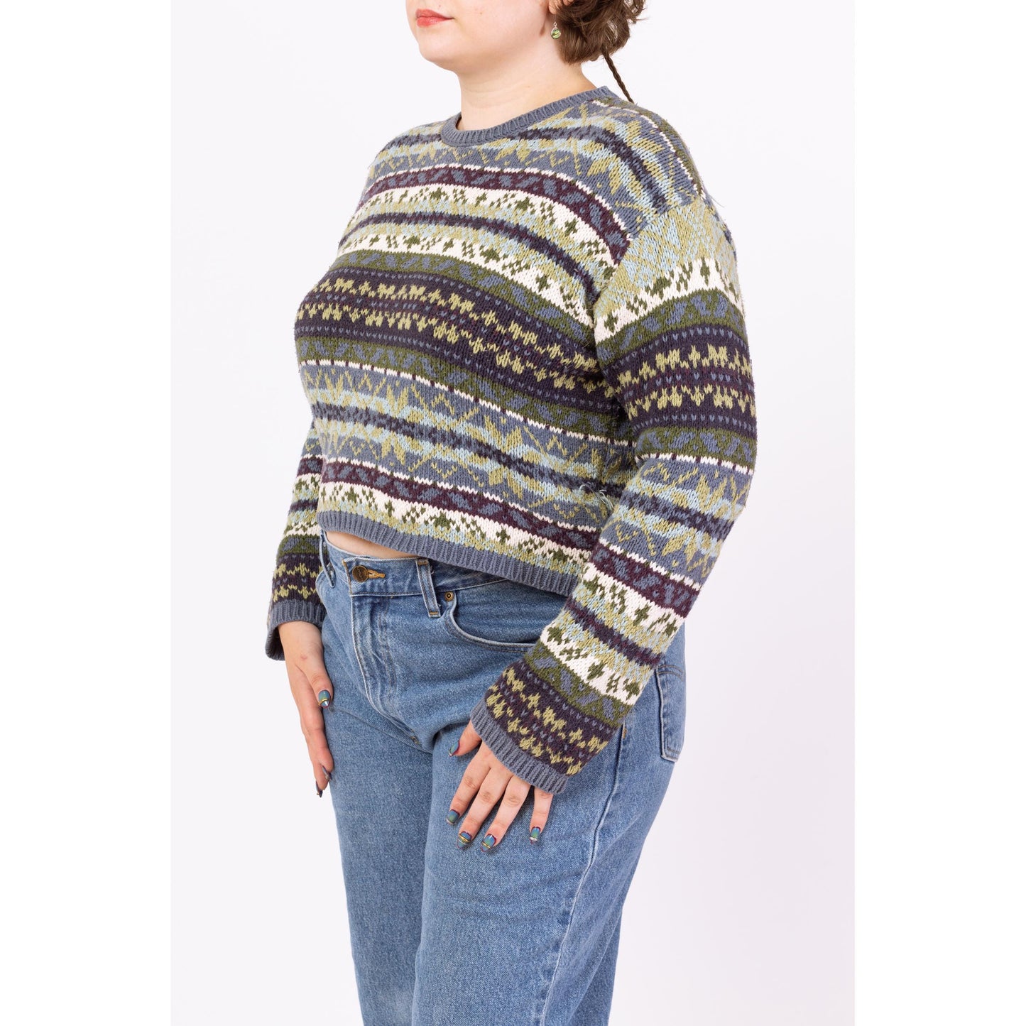 Vintage 90s Eddie Bauer Fair Isle Cropped Sweater - Large | Soft Cotton Knit Grunge Pullover, Slouchy Boxy Fit Jumper