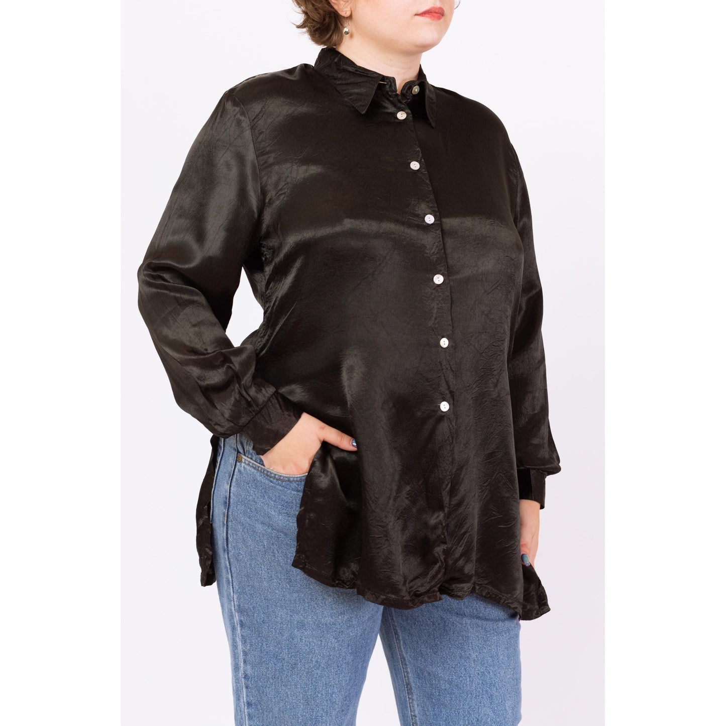 Vintage 90s Black Satin Long Side Slit Blouse - Extra Large | Minimalist Longline Oversize Button Up Collared Shirt