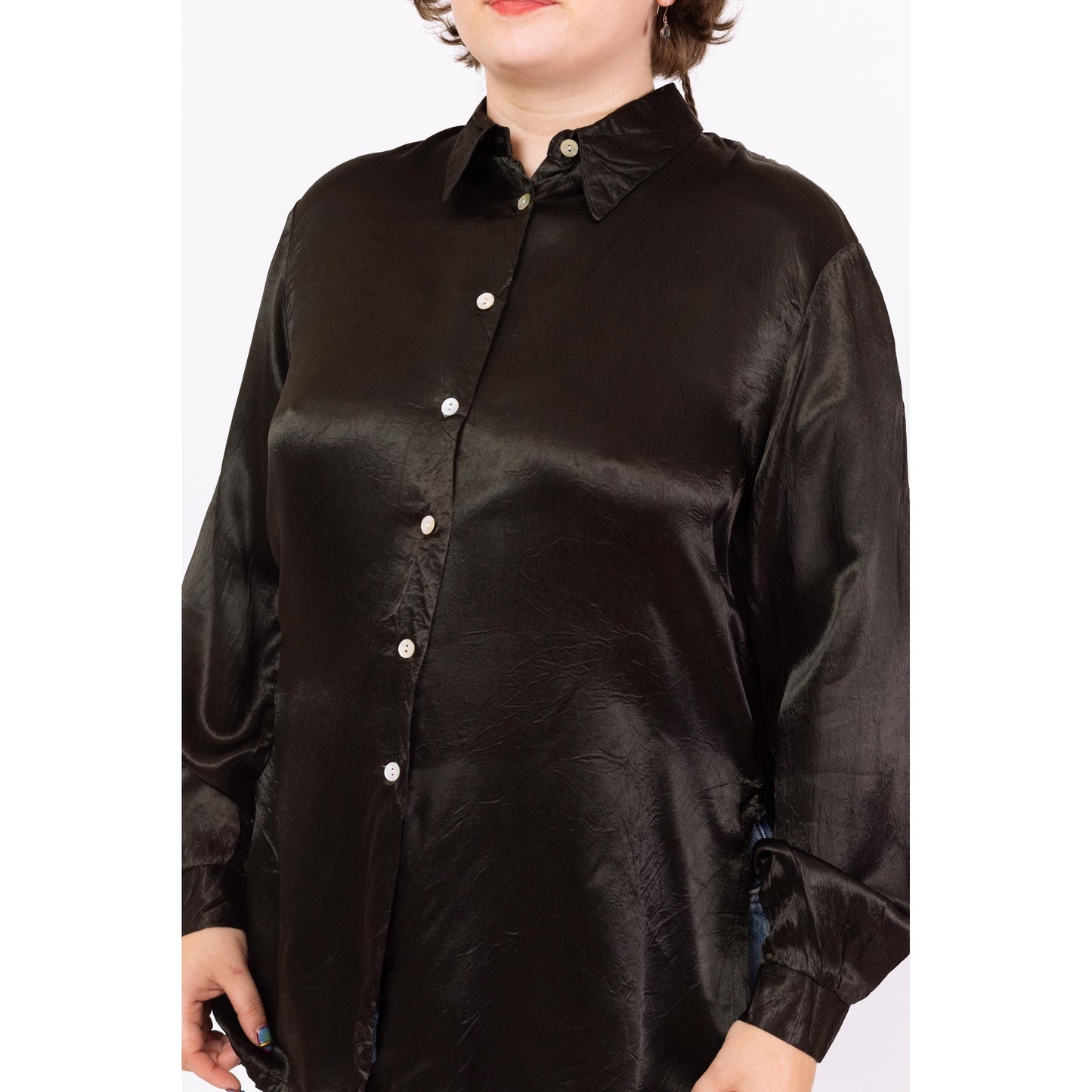 Vintage 90s Black Satin Long Side Slit Blouse - Extra Large | Minimalist Longline Oversize Button Up Collared Shirt