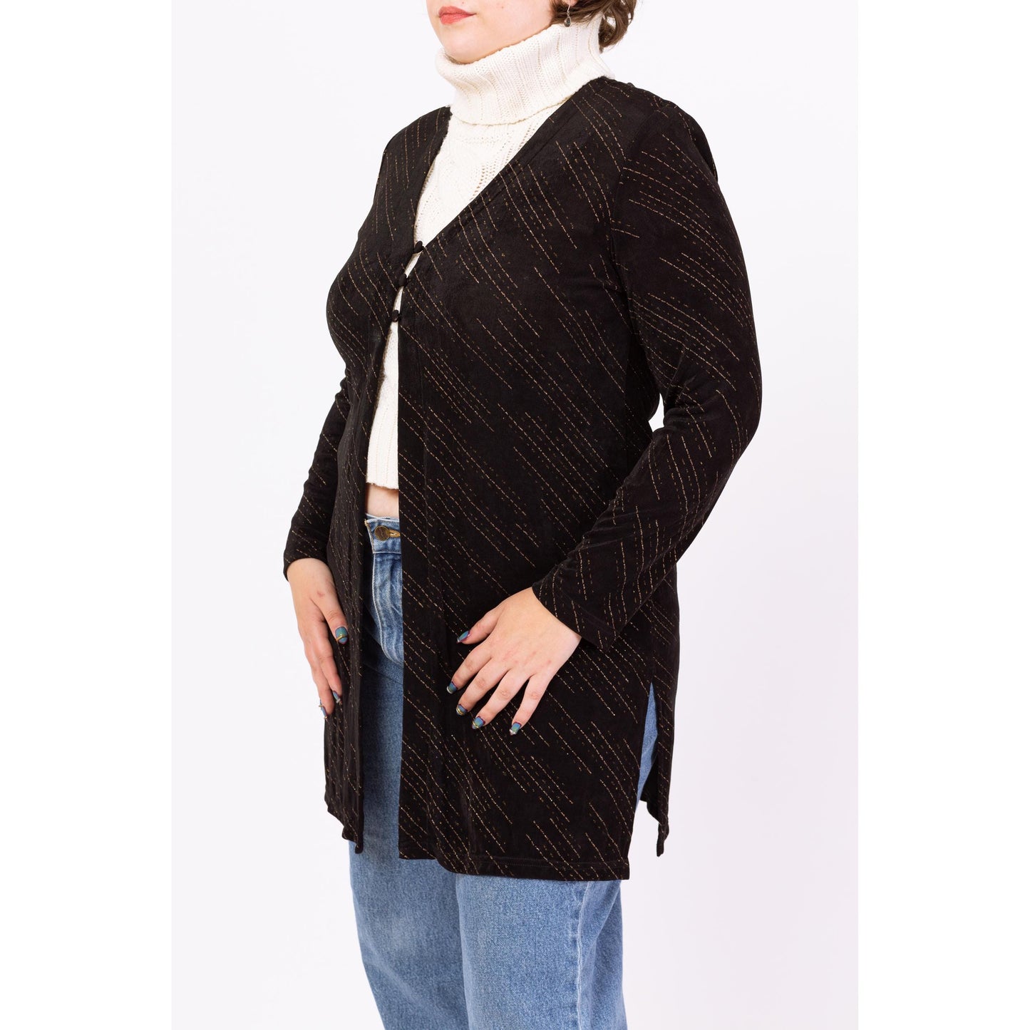 Vintage 90s Black Metallic Striped Slinky Overshirt - Extra Large | Stretchy Long Sleeve Button Front Longline Open Front Cardigan Blouse