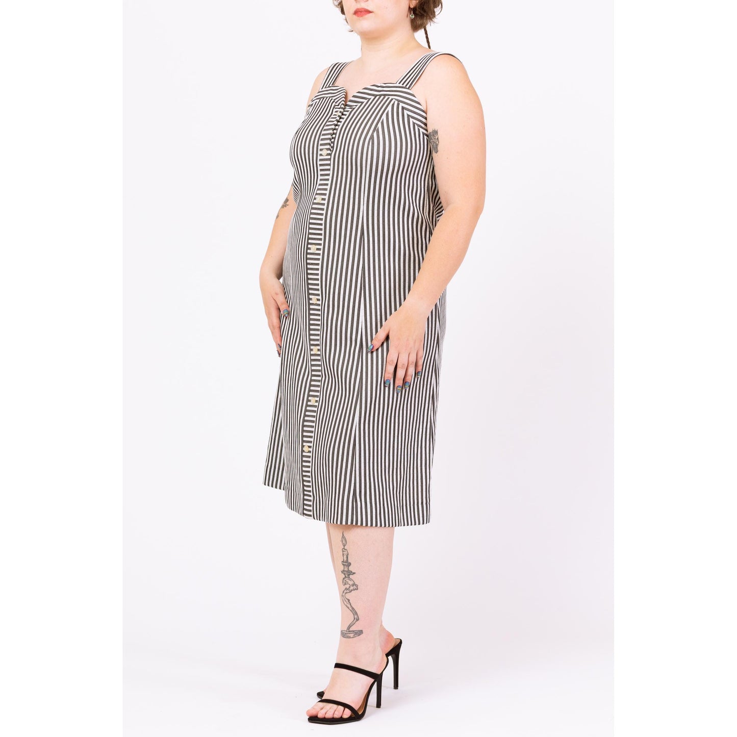 Vintage 70s Black & White Striped Midi Dress - Large | Retro Sleeveless Sweetheart Neck A Line Button Up Sundress