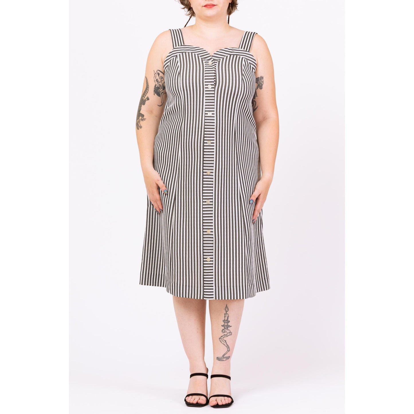 Vintage 70s Black & White Striped Midi Dress - Large | Retro Sleeveless Sweetheart Neck A Line Button Up Sundress