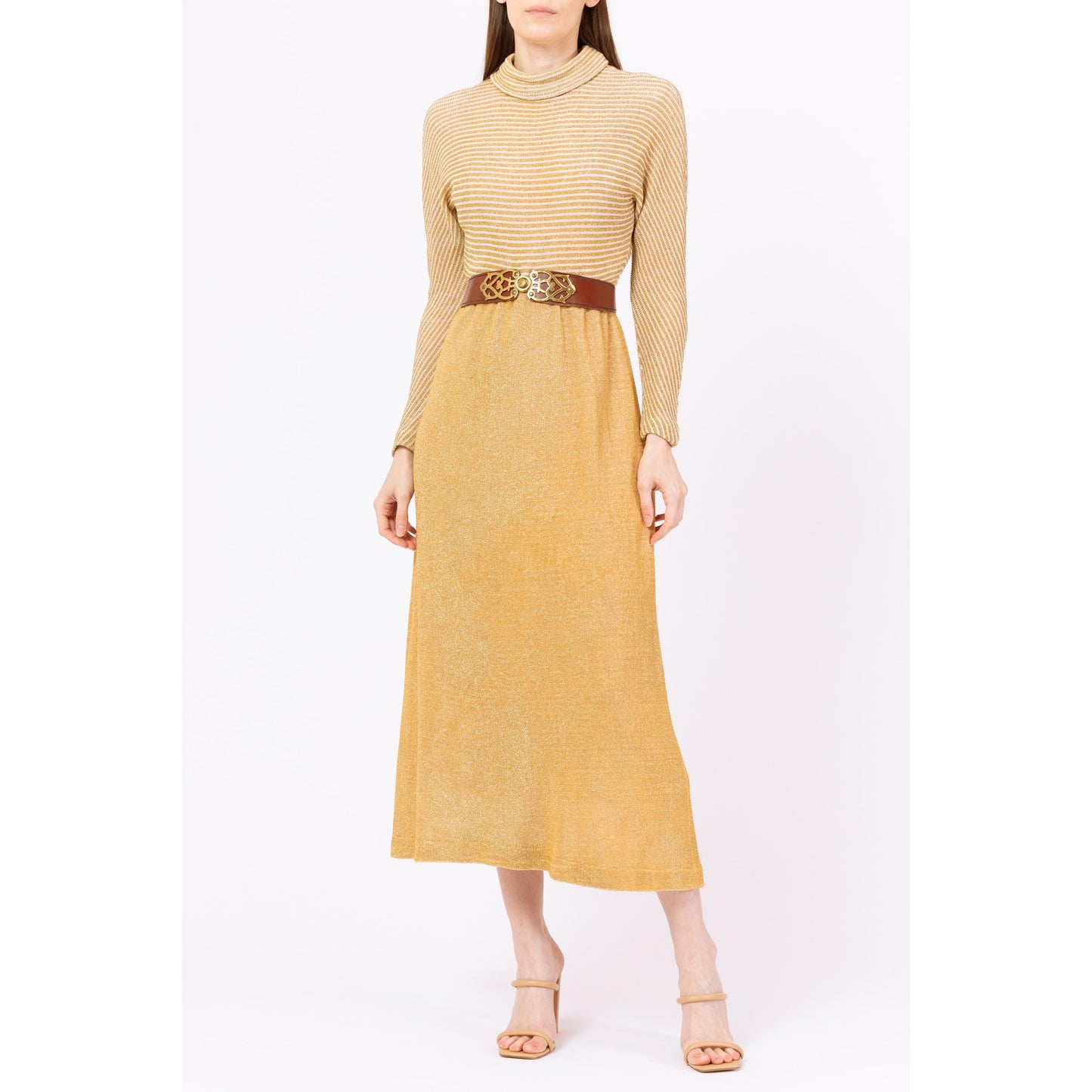 Vintage 70s Gold Lurex Knit Maxi Hostess Dress - Small | Metallic Long Dolman Sleeve Formal Disco Party Dress