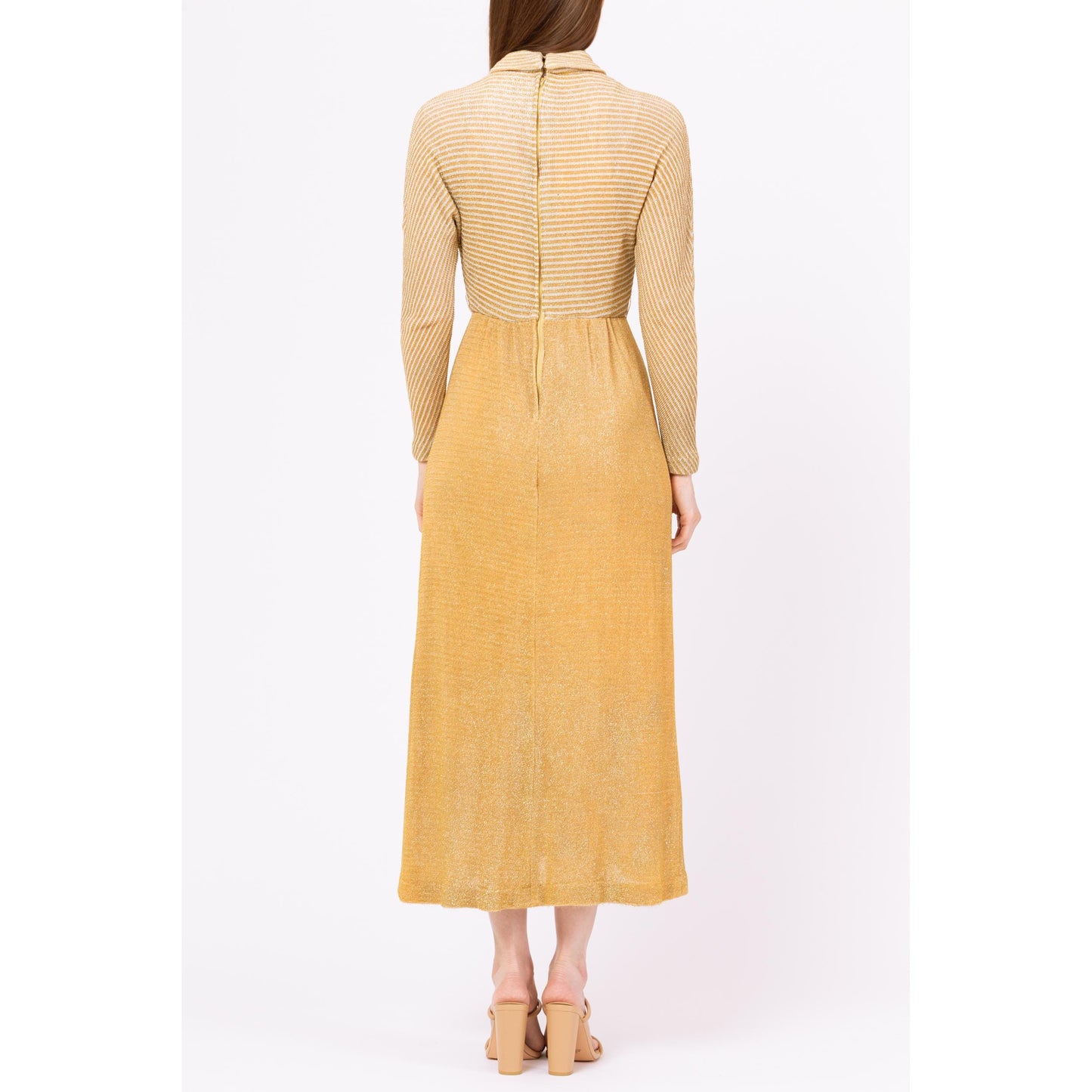Vintage 70s Gold Lurex Knit Maxi Hostess Dress - Small | Metallic Long Dolman Sleeve Formal Disco Party Dress