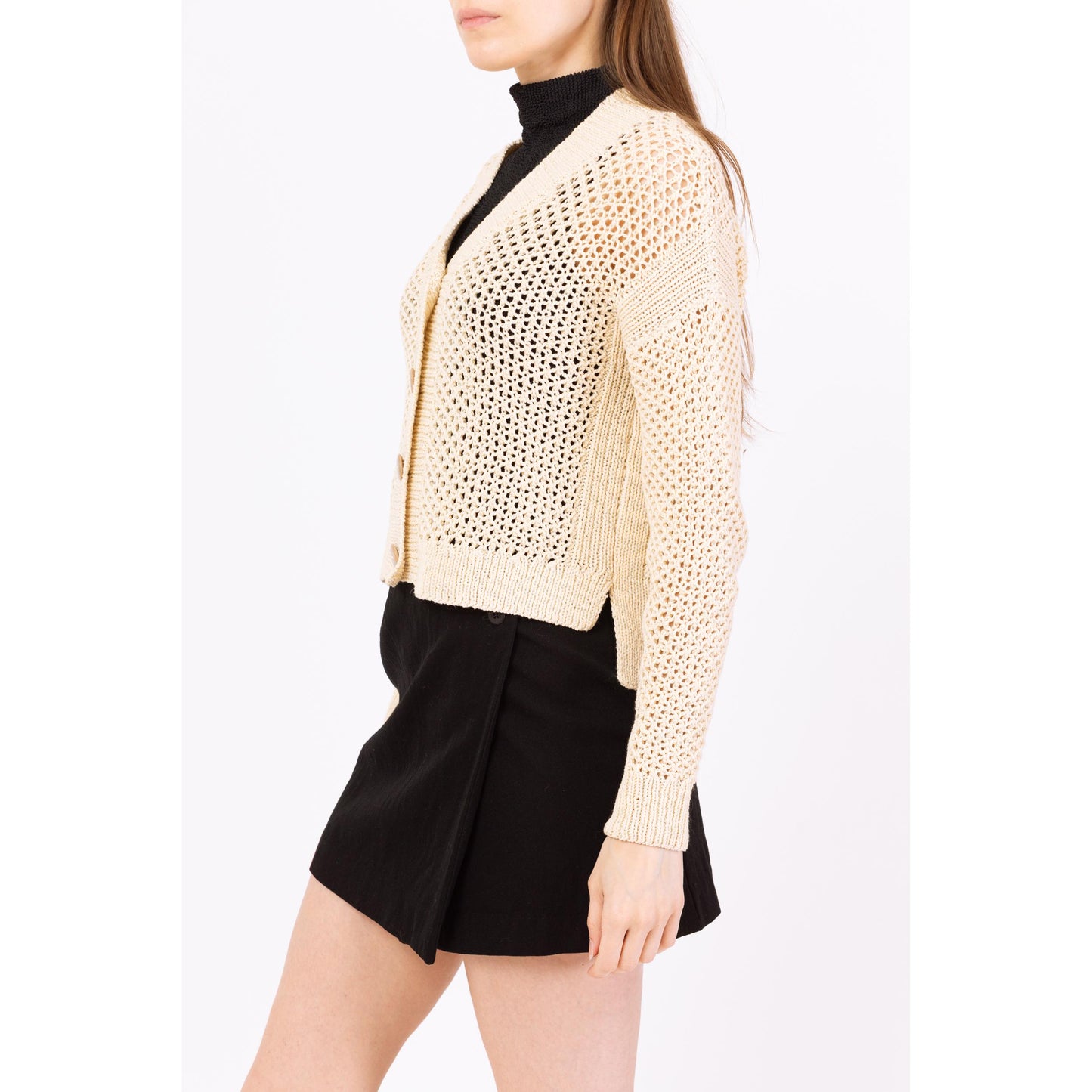 Vintage Y2K Cream Crochet Knit Cardigan - Small to Medium | Minimalist Cropped Button Up Open Weave Lightweight Sweater