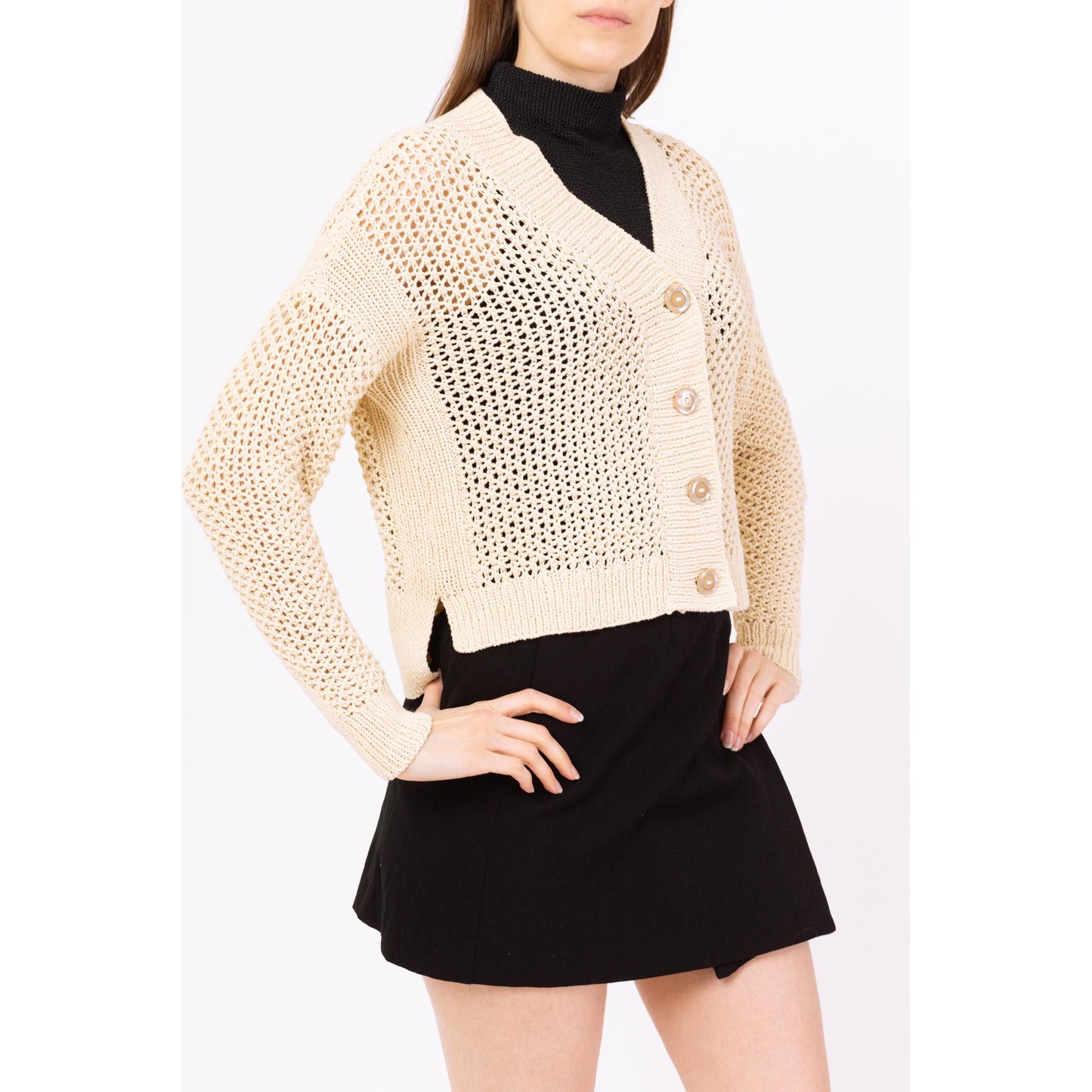 Vintage Y2K Cream Crochet Knit Cardigan - Small to Medium | Minimalist Cropped Button Up Open Weave Lightweight Sweater