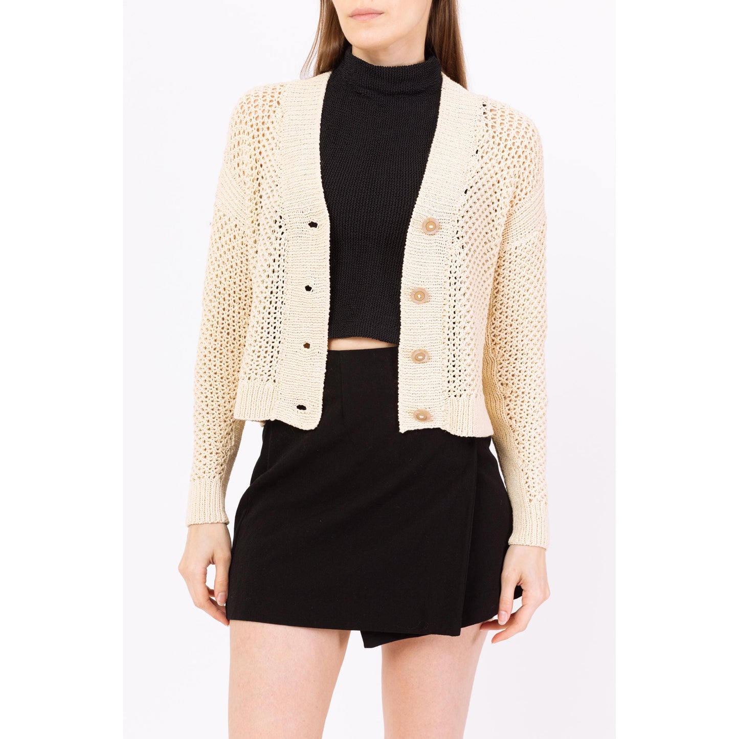Vintage Y2K Cream Crochet Knit Cardigan - Small to Medium | Minimalist Cropped Button Up Open Weave Lightweight Sweater